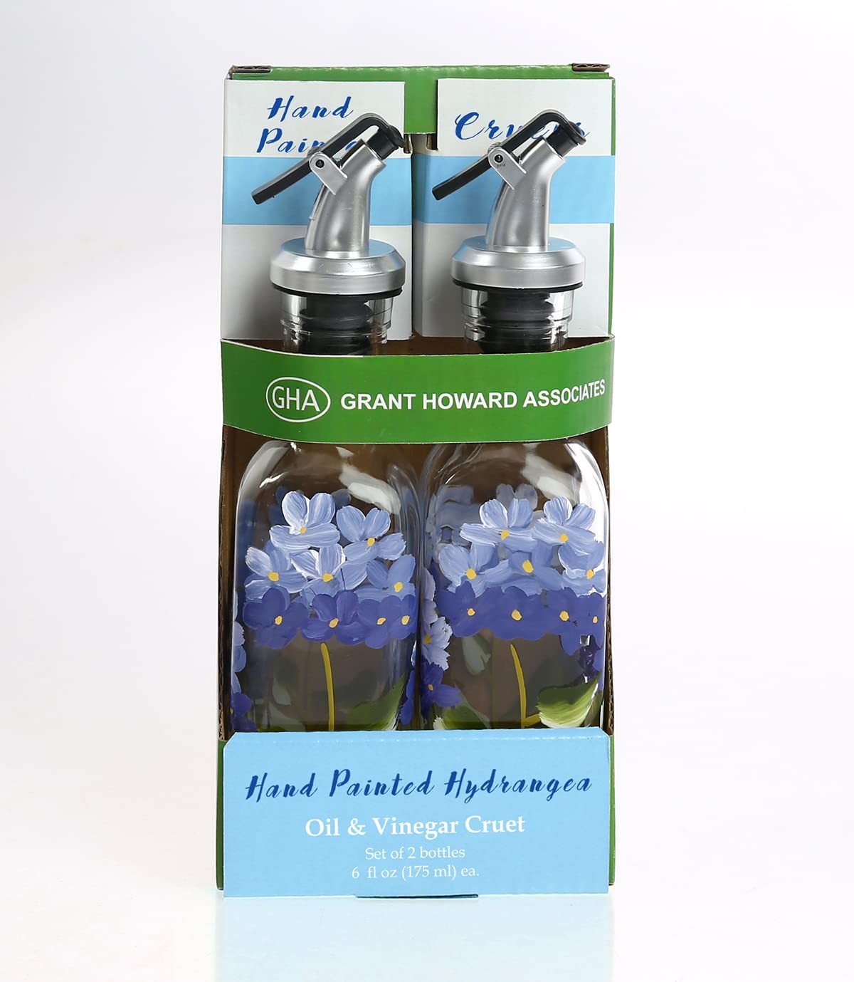 Grant Howard Hand-Painted Mini Glass Oil & Vinegar Cruet Set, 6 oz, Blue Hydrang