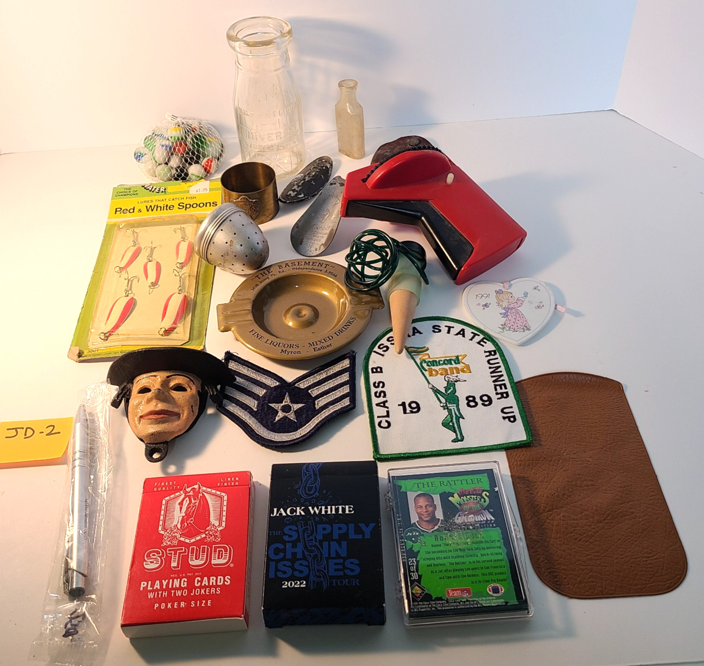 JD-2 Vintage Junk Drawer Lot Advertising Ashtray Lures USAF Gridiron Cards Dairy