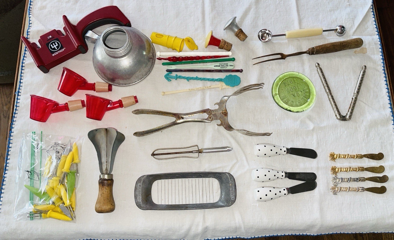 Kitchen Gadgets Lot Vintage 60’s red shot glass bottle toppers tin tools etc