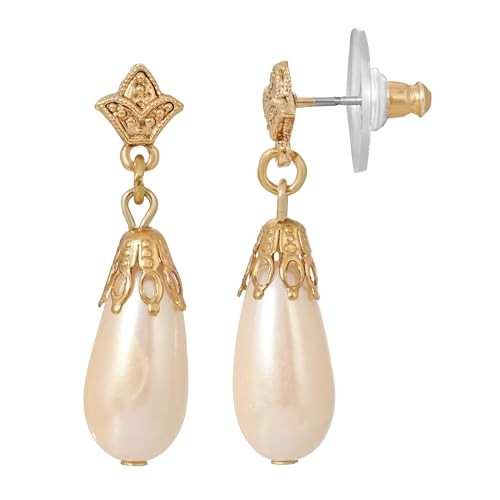 1928 Jewelry Faux Pearl Drop Earrings, 14K Gold Filigree, 1.25″ Teardrop