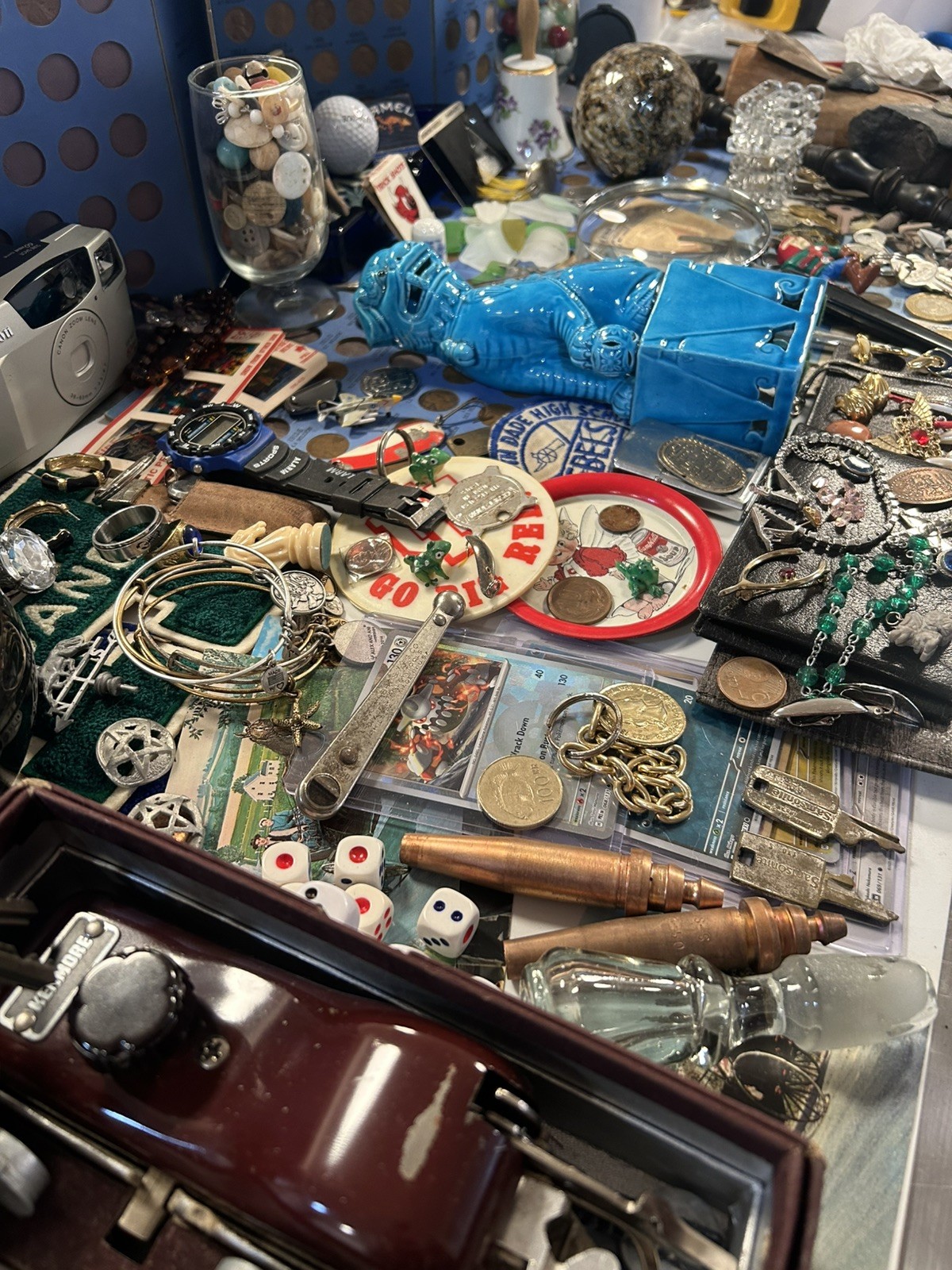 Vintage Junk drawer lot foo dog , jewelry, coins, + more read description