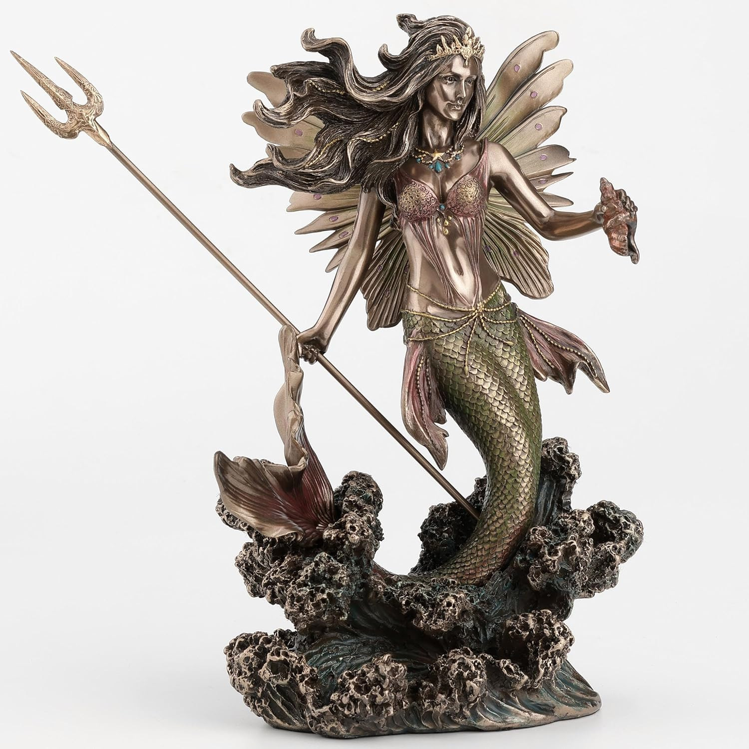 Queen Mermaid Fairy Sculpture with Trident – 9.1 Inch Bronze Finish Decor