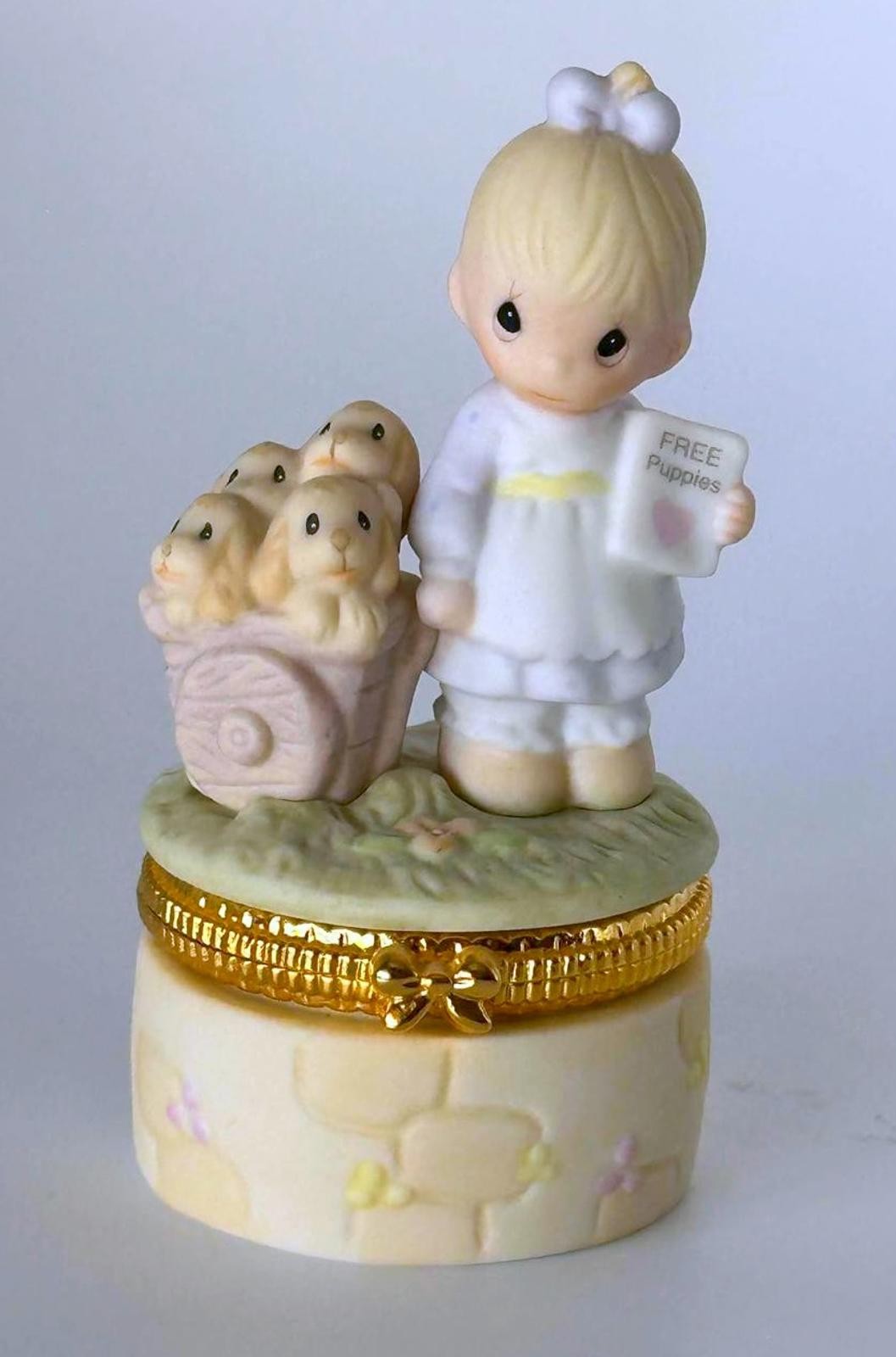 Precious God Loveth A Cheerful Giver Girl With Cart Full Of Puppies Trinket Box