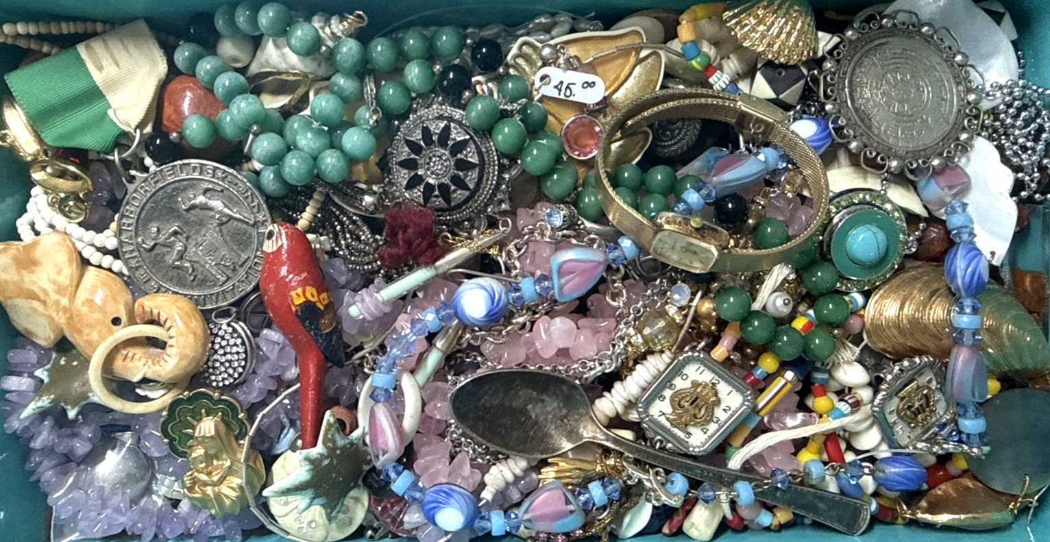 Junk Jewelry Drawer Lot Watch Pins Necklace Estate Finds Beads Misc. 3.7 lbs