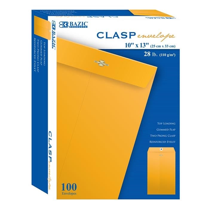 BAZIC 10×13 Kraft Clasp Envelope Gummed Seal 100 Pack Brown Mailing