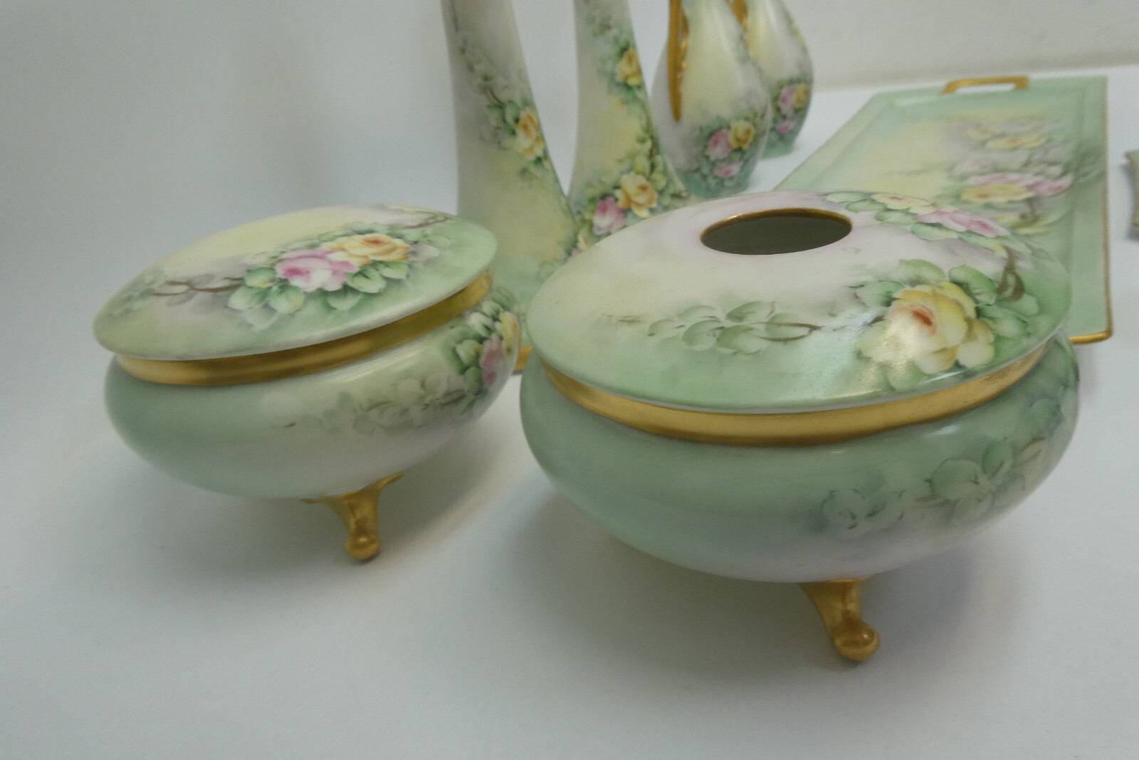Ceramic Green Gold Apple Blossom Floral Pattern Tray Bud Vases Candle Holders