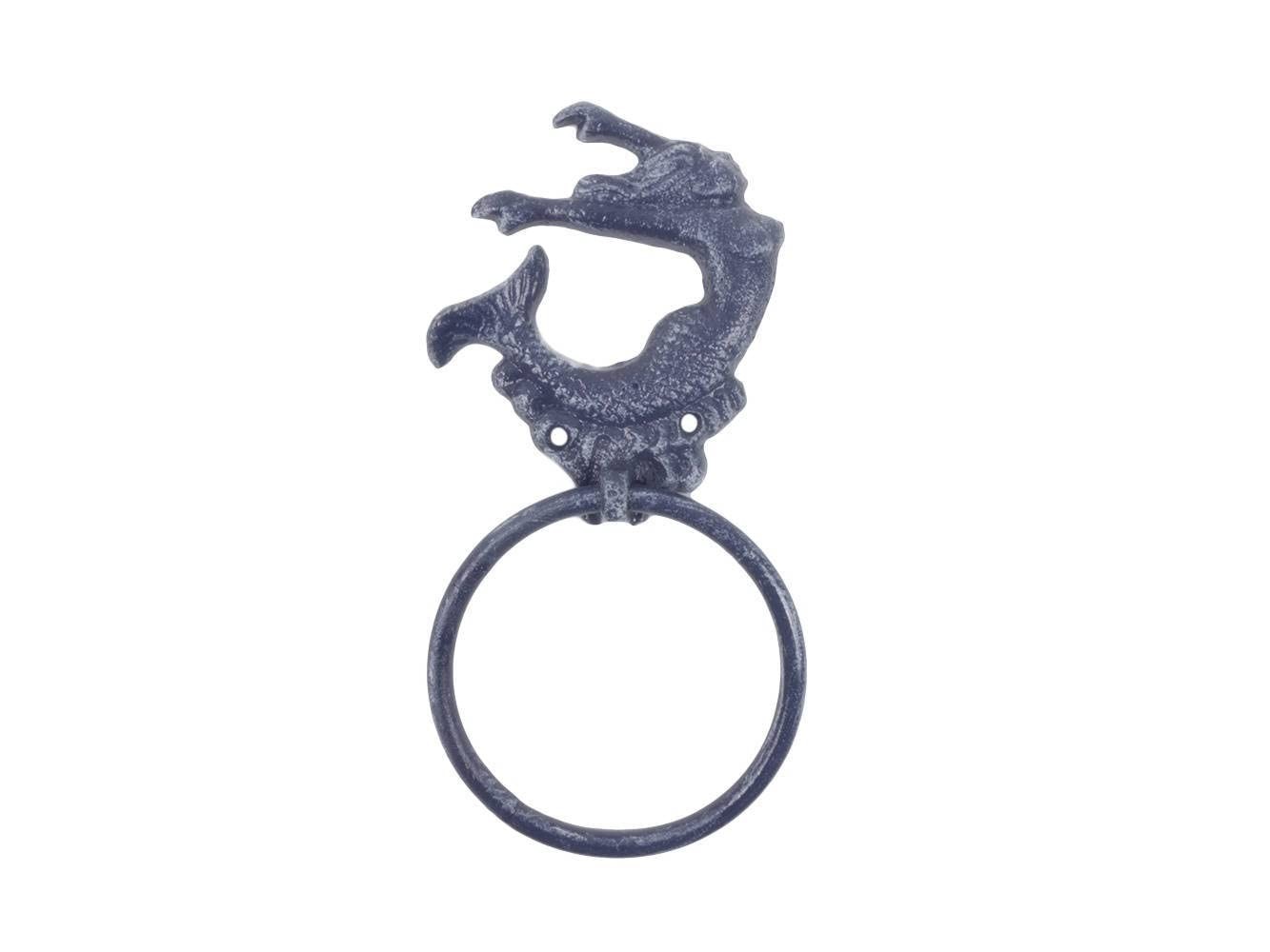 Handcrafted Nautical Decor Dark Blue Cast Iron Arching Mermaid Towel Holder, 9″