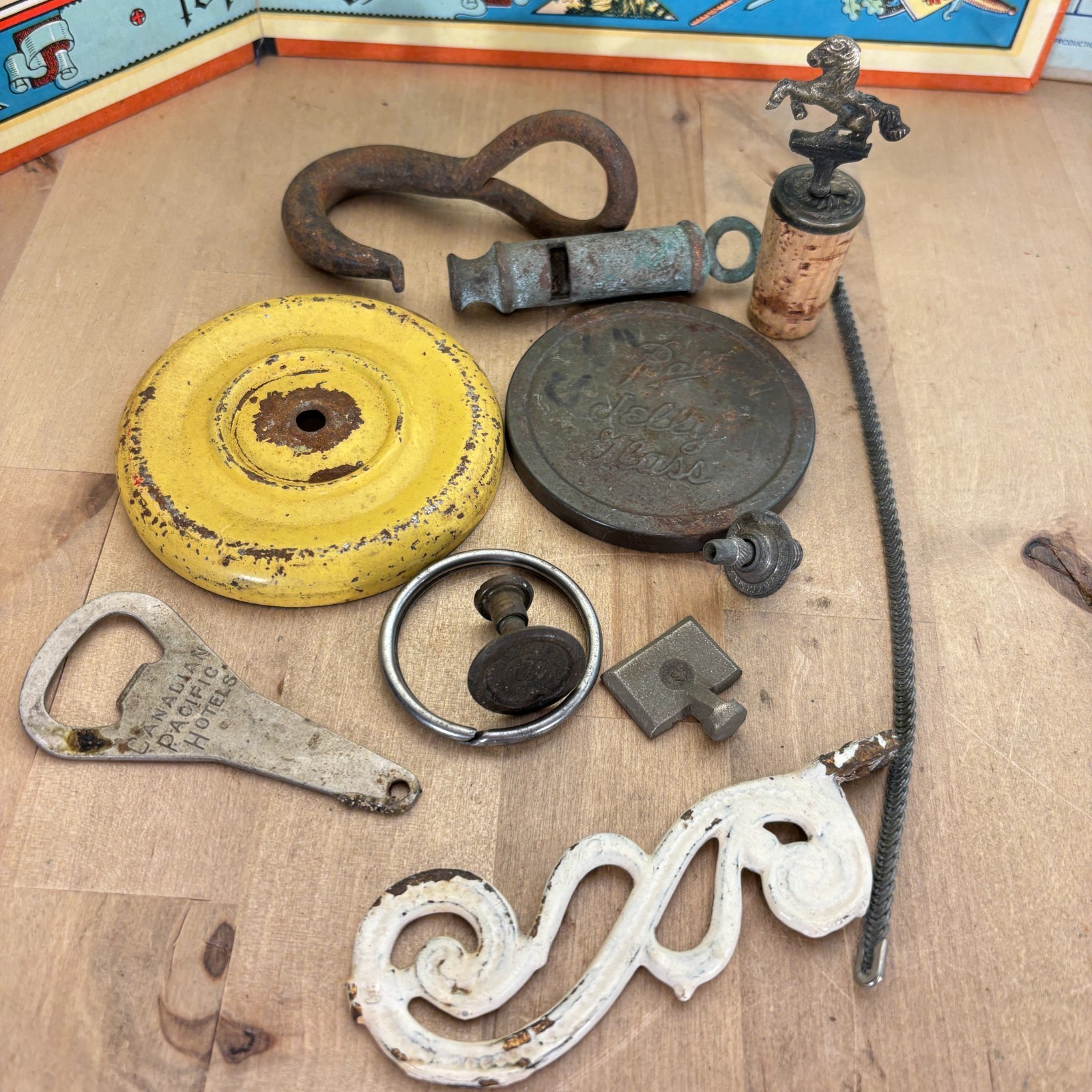 Junk Drawer Lot Mixed Vtg Metal Objects, Whistle, Ball Lid, Hook, Bottle Opener