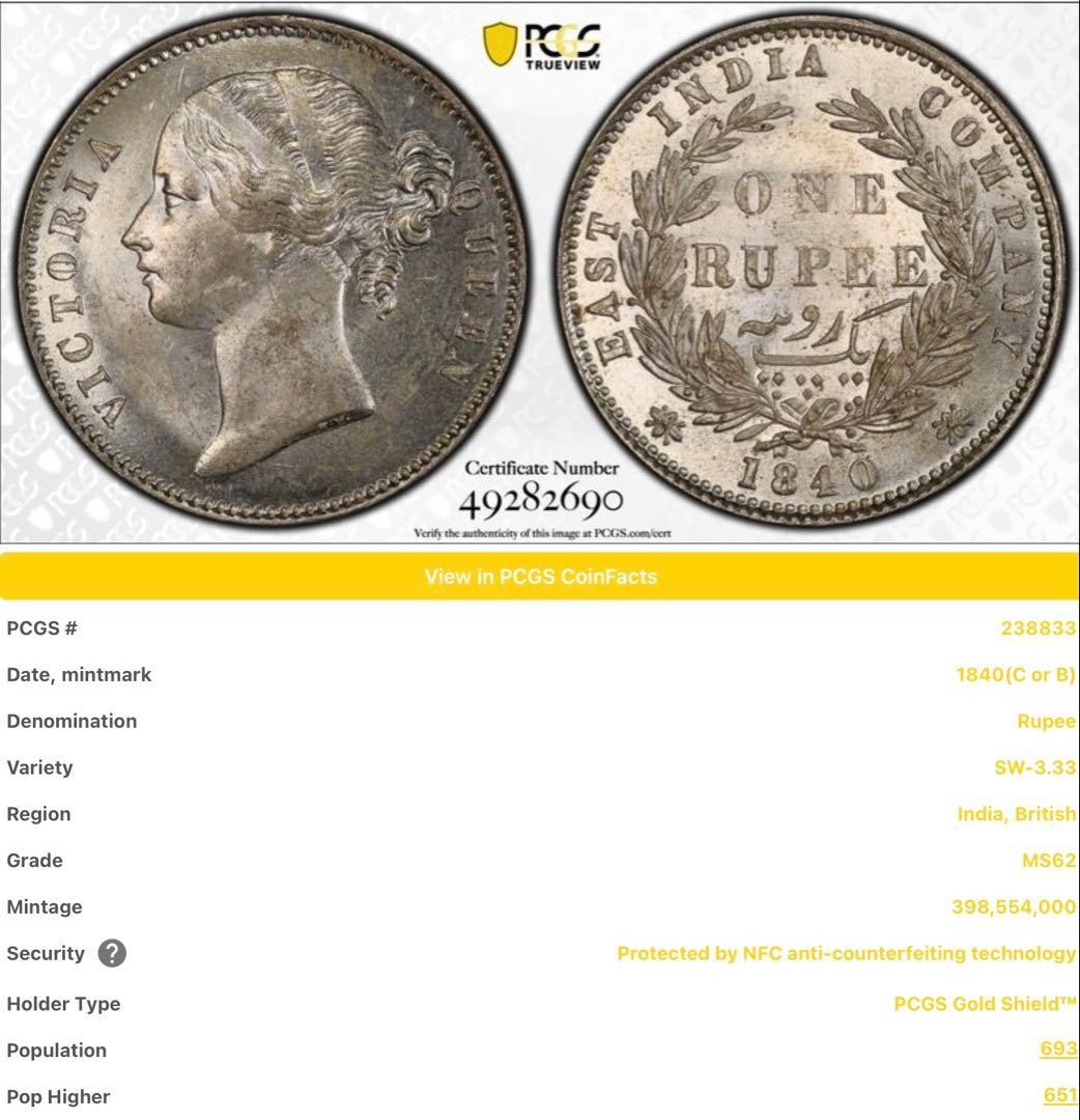 1840 UK India Rupee Silver Coin NGCTreasures Queen Victoria MS62