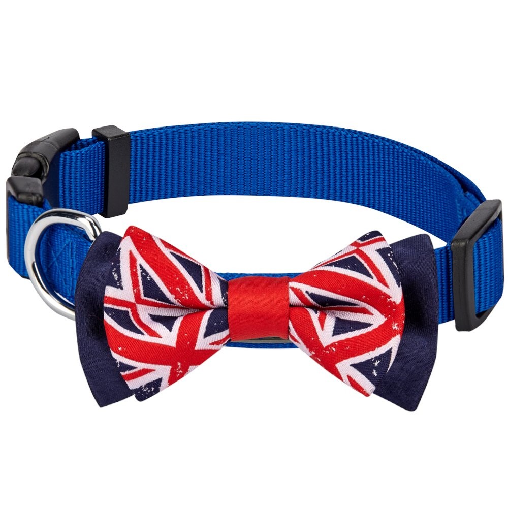 Blueberry Pet Patriotic UK Flag Bowtie Dog Collar – Handmade, Small 12″-16″