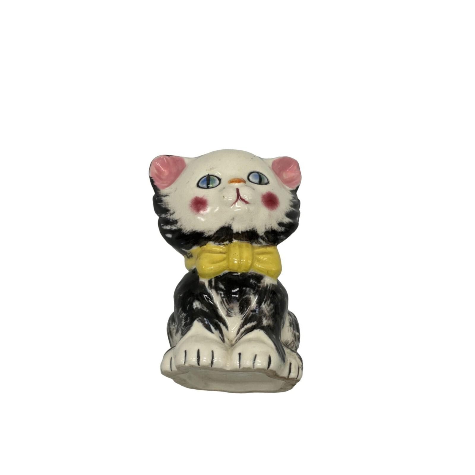 Vintage White Black Porcelain Tiger Striped Yellow Bow Blue Eyed Kitty Vase Rare