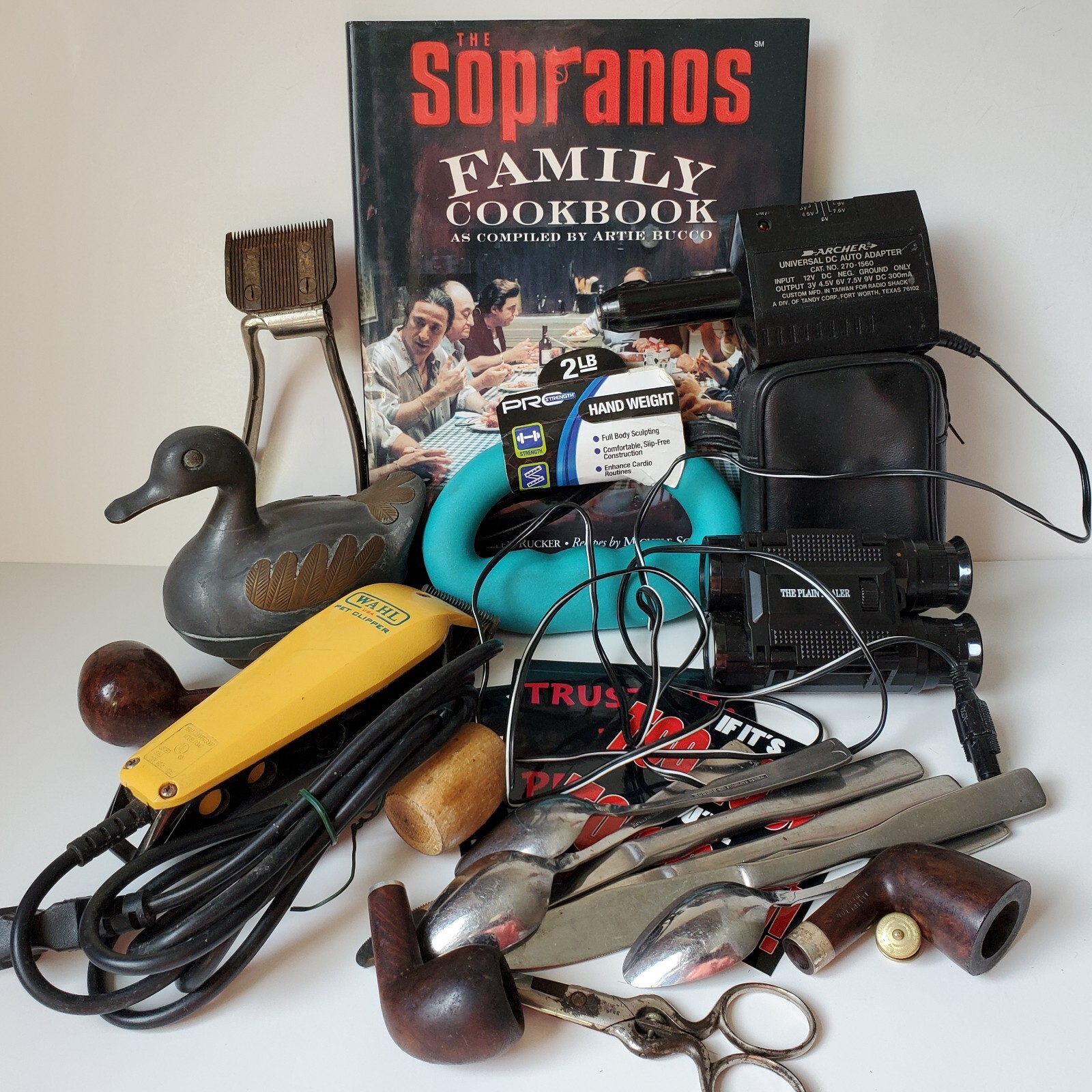 Junk Drawer Vtg Honk Kong Pewter Duck Meikai Binoculars Rogers Cutlery Wahl Men