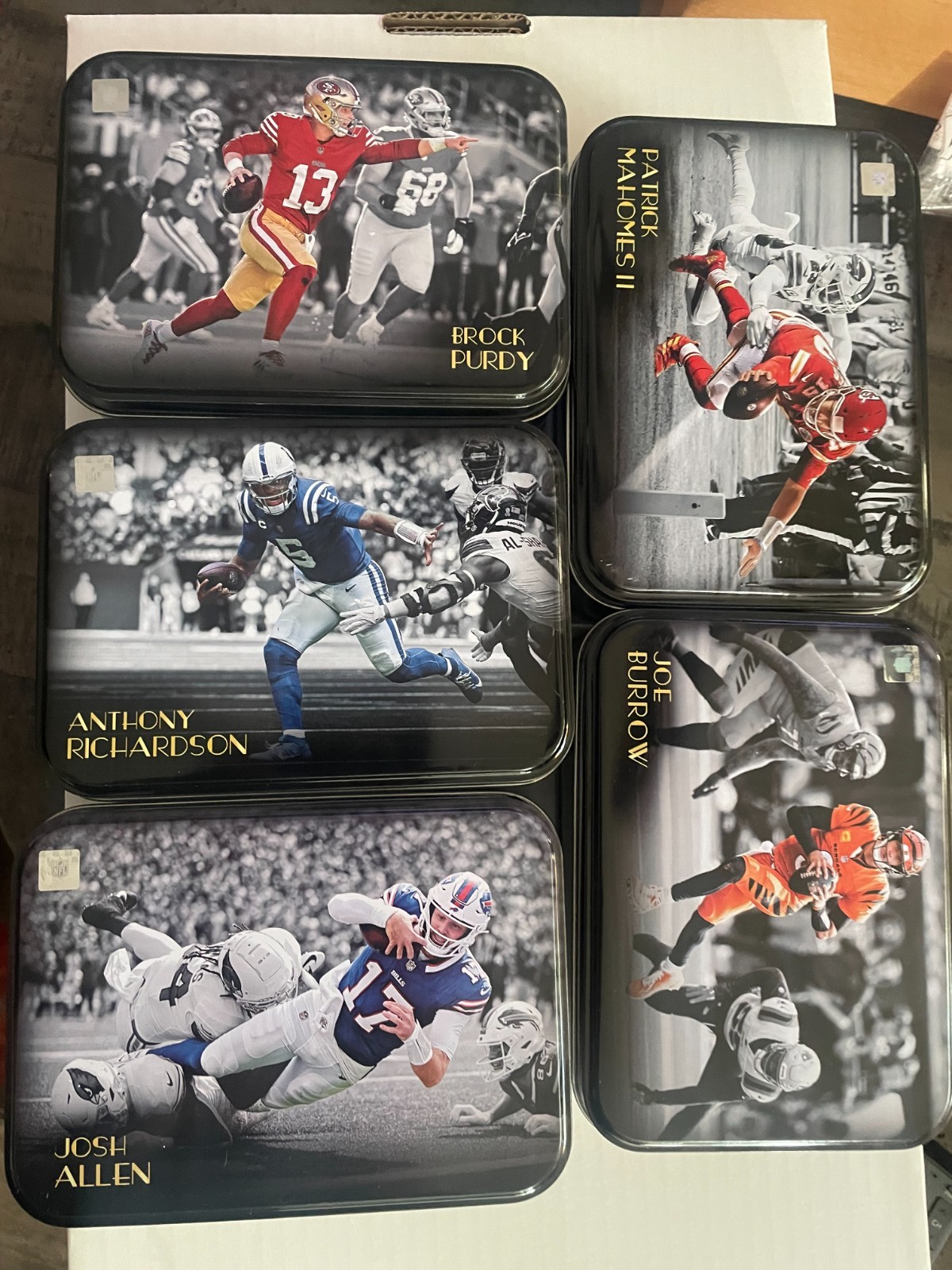 5 Tin Lot – 2024 Donruss Tin Collection “Empty” Allen/Burrow/Mahomes/Purdy/AR-15