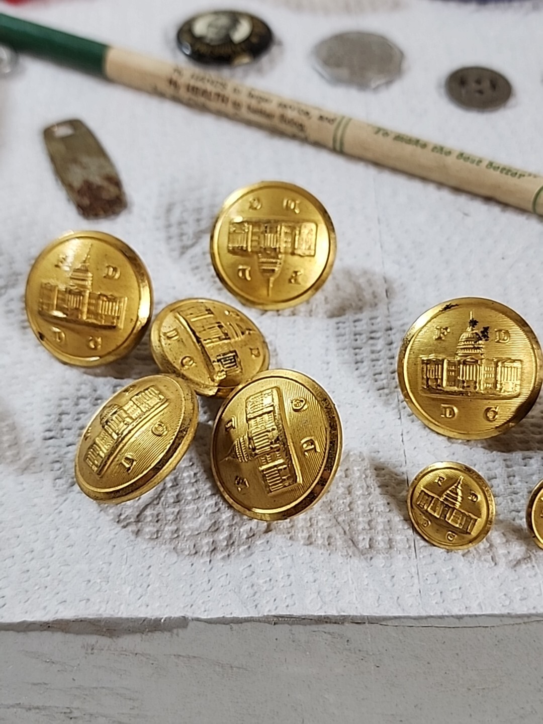 Junk Drawer Lot: Kodak Six 20 Camera Knives DC FD Buttons Fare Tokens Marble Pin