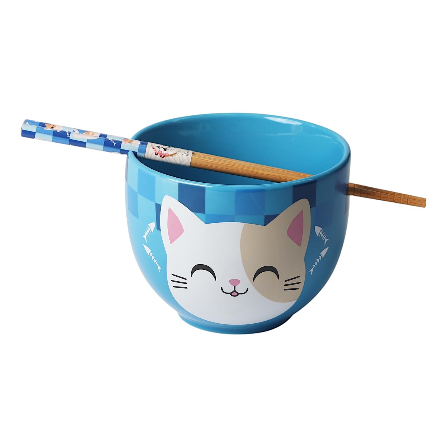 Urban Tokyo Neko Friends Ceramic Ramen Bowl with Chopsticks, 18oz, Blue Set
