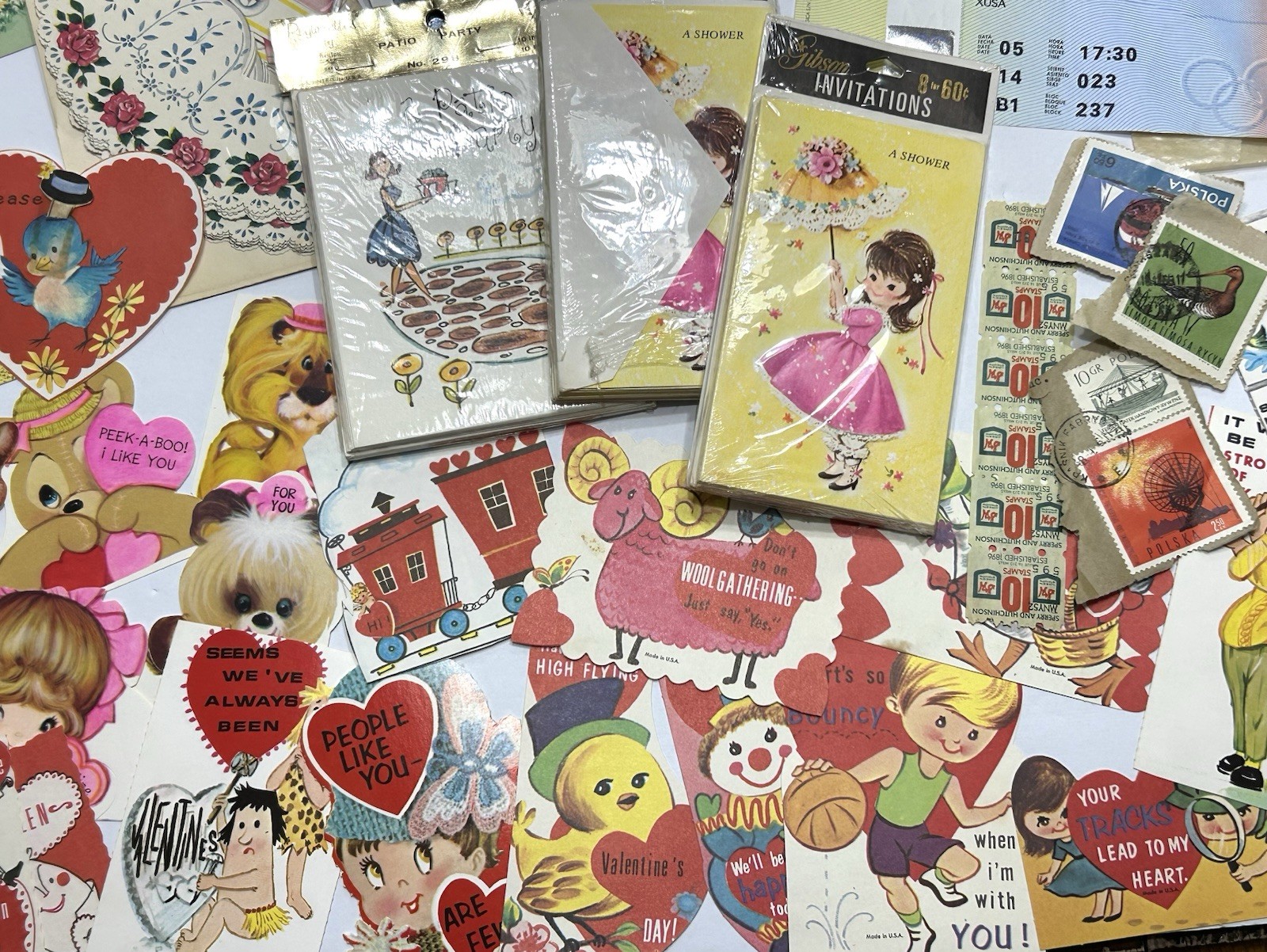 Eclectic Junk Drawer Lot Vintage Ephemera + Chachskis: Photos Cards Pins Patches