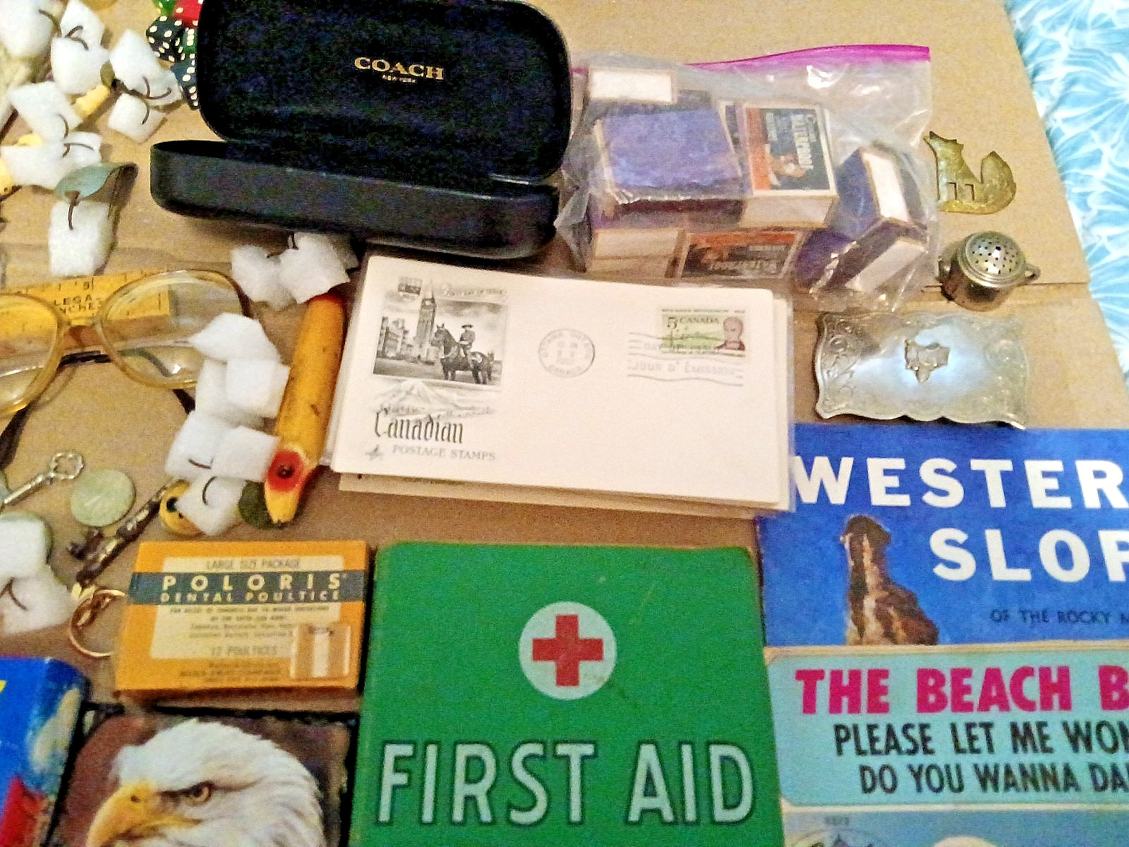 Junk Drawer Lot Vintage & Modern Lures Knives Tobacciana Ephemera Eyeglasses etc