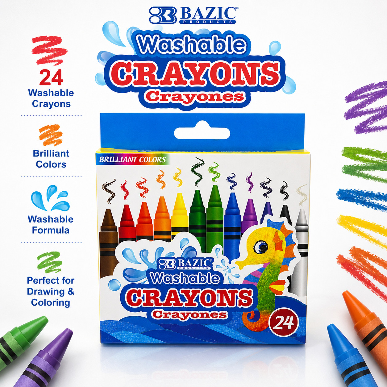 [Pack of 2] Bazic Washable Crayons 24 Count Brilliant Assorted Colors Non-Toxic