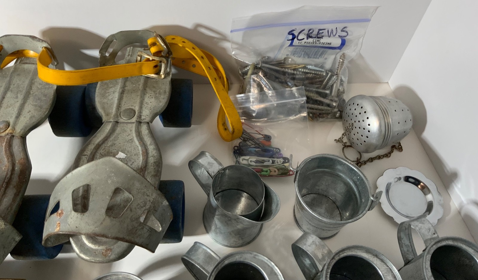 VTG Junk Drawer Lot Assemblage Art Crafts Mixed Media 6# Roller Skates All Metal
