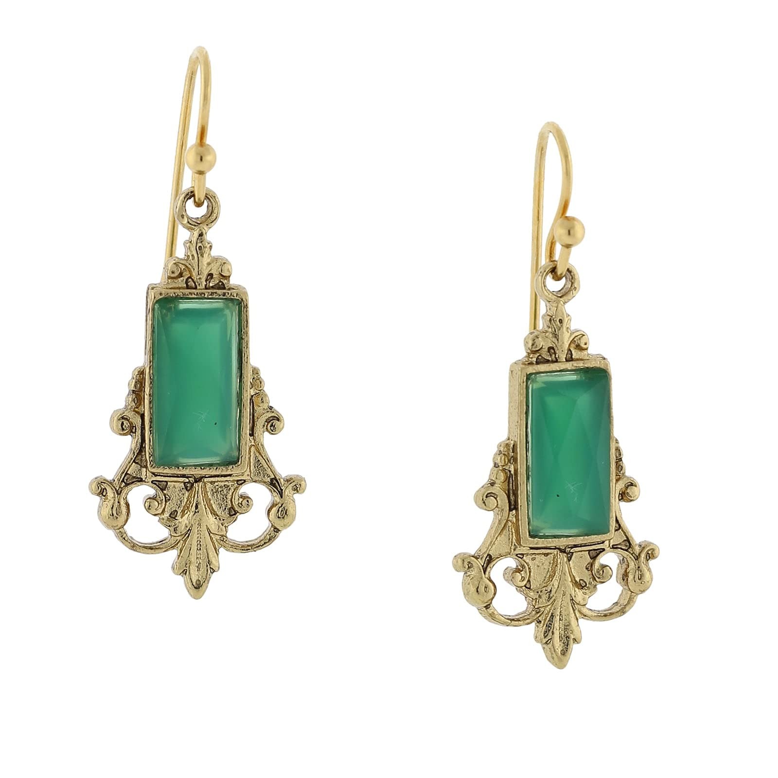 1928 Jewelry Antique Inspired Green German Glass Baguette Wire Drop Earrings