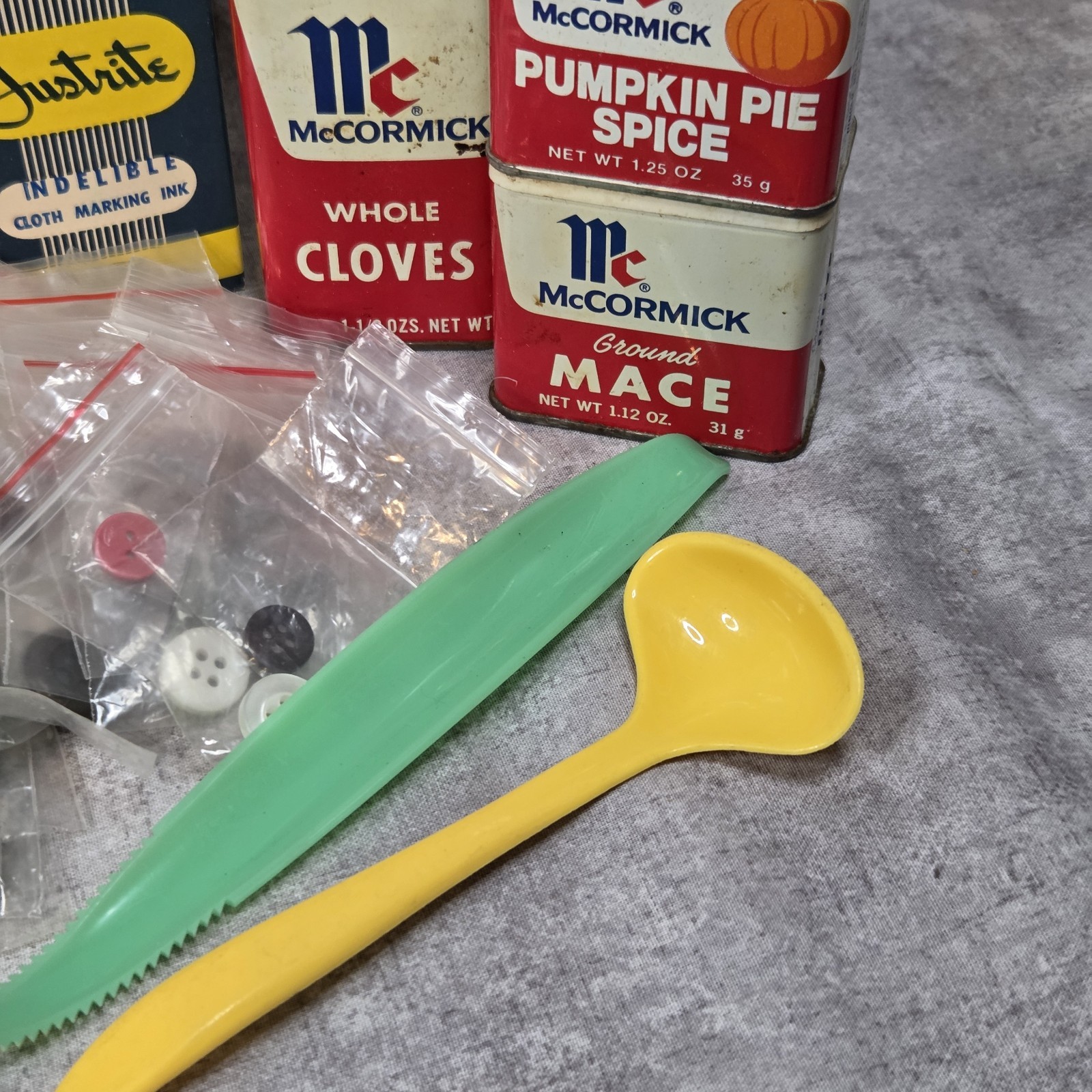 Estate Junk Drawer Lot 3lbs Vintage McCormick Spices Tupperware Sewing Notions
