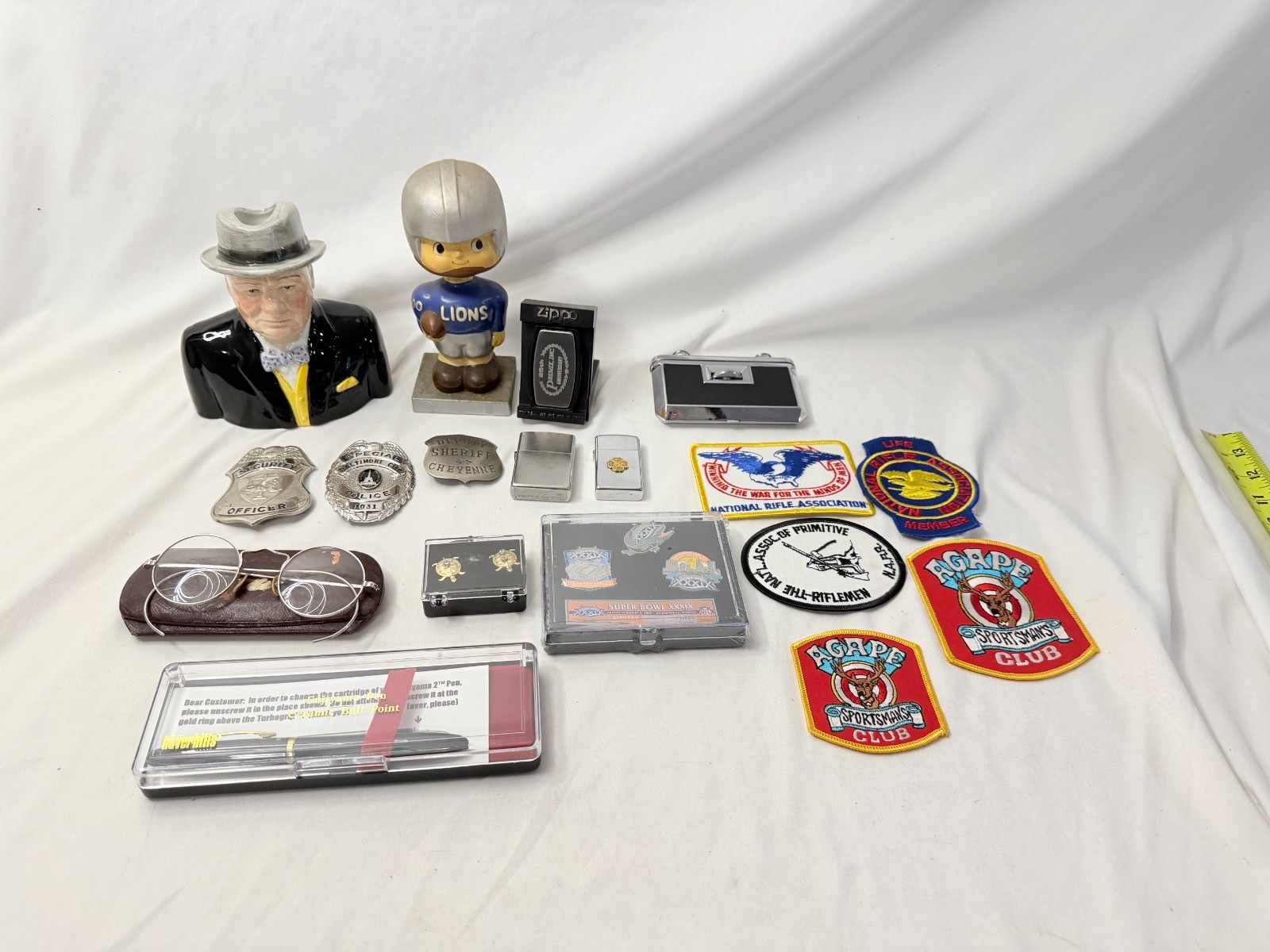 Collectible LOT Zippo Lions Bobblehead Churchill Vintage Glasses Patches Pen