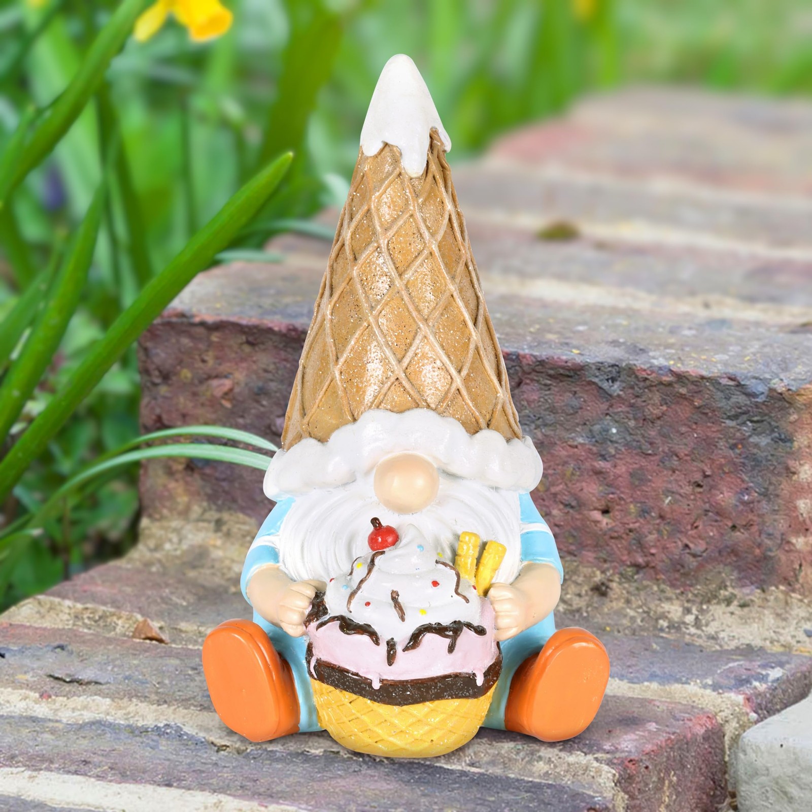Exhart Ice Cream Hat Garden Gnome Statue with Sundae, 7.5-In Decorative Figurine