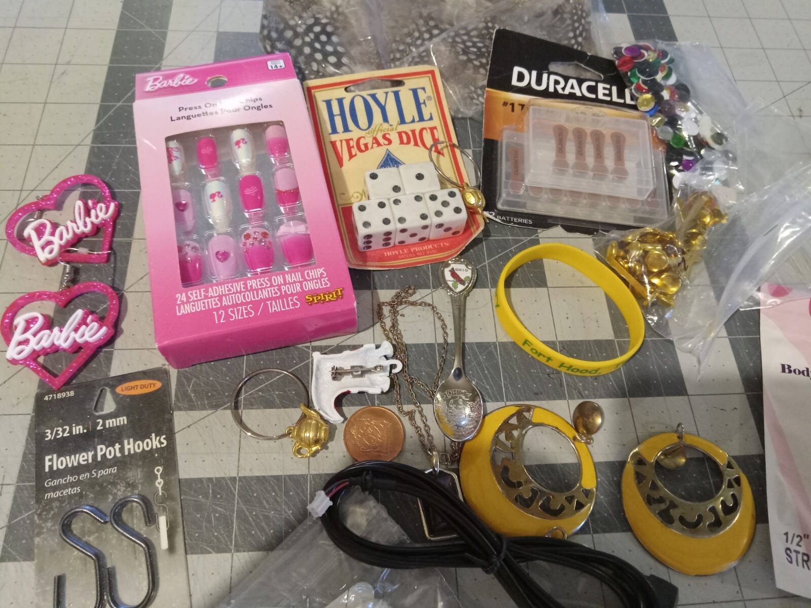 Junk Drawer Lot 20 Items Including Barbie Earrings And Press On Nails, Dice….