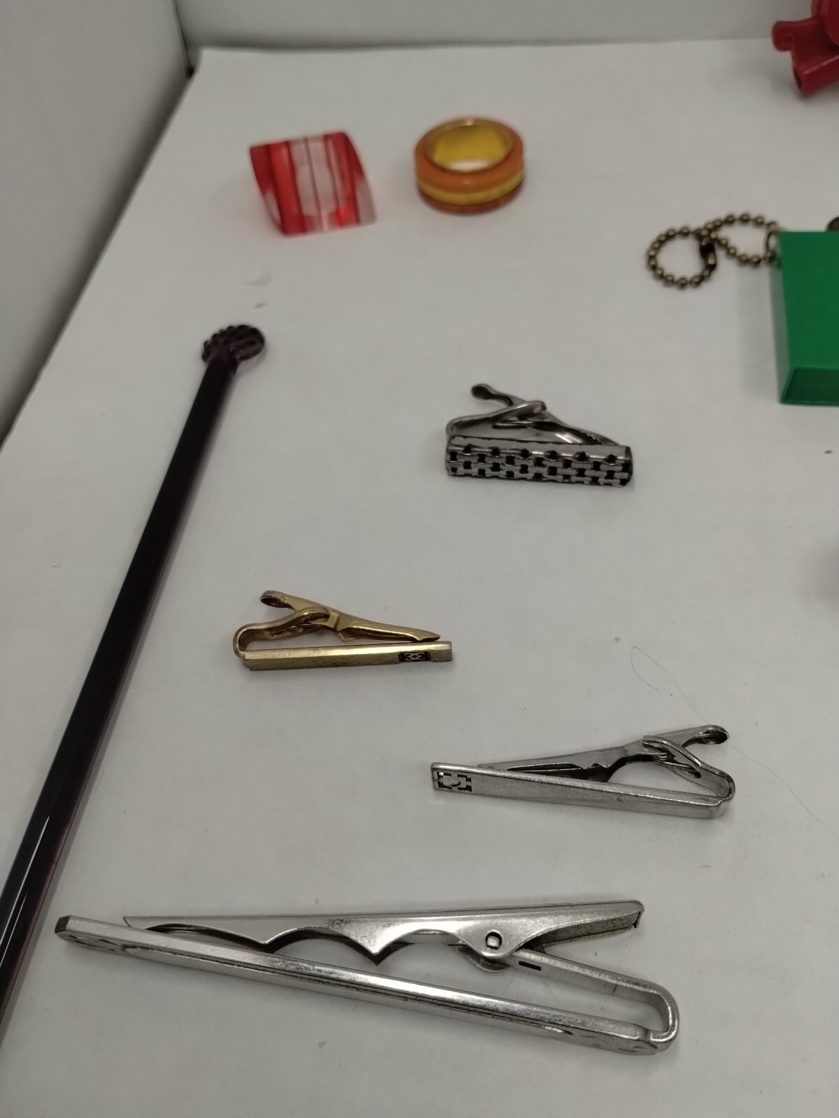 Vintage Junk Drawer Lot Advertising Rings Tokens Key Dog License Tie Clip #11
