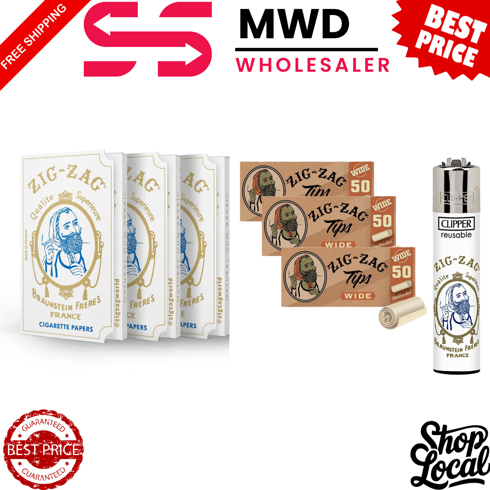 Zig-Zag 1.0 Rolling Papers (3pk) + Clipper Lighter w/ Poker + Wide Tips (3ct)