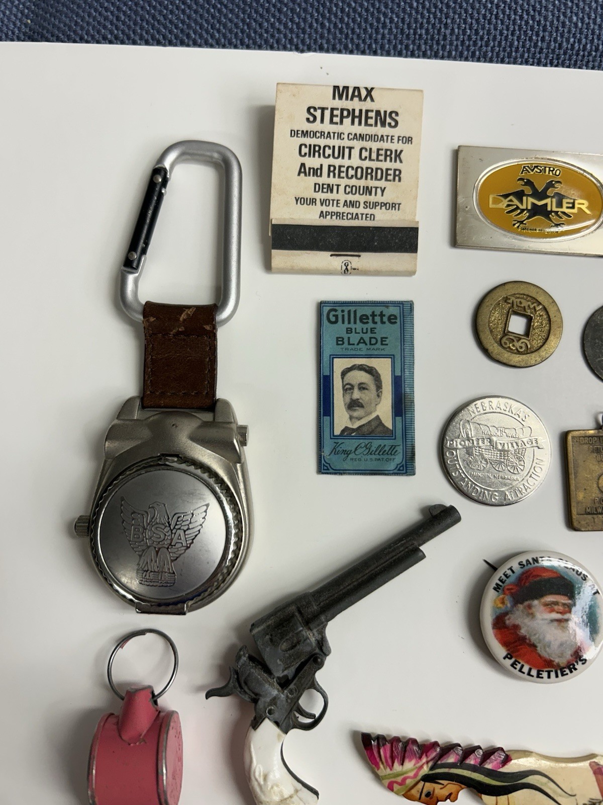 Variety Junk Drawer Lot Political Watch Santa Toy Gun Fob BSA Pinbacks Sterling
