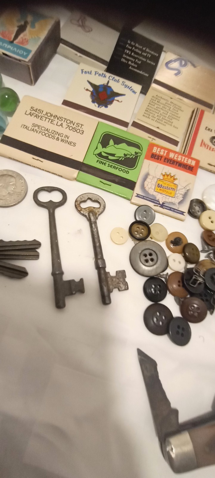 50++ Items Vintage Junk Drawer Lot Skeleton Key Marbles Old Knife USA COINS