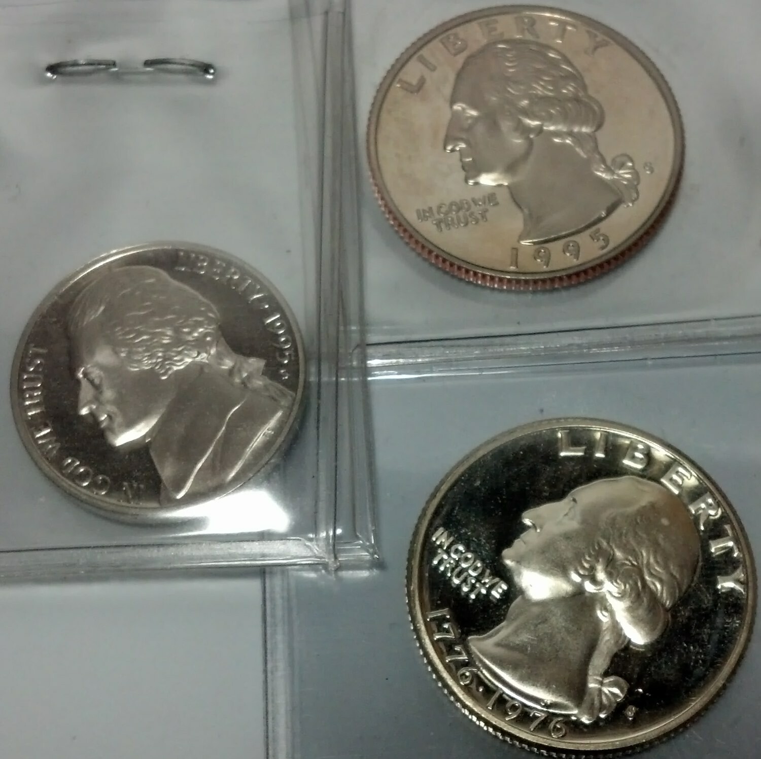 Lot “N” 3 Brilliant Proof coins- 55′ quarter/76 drummer boy quarter/95’nickel NM