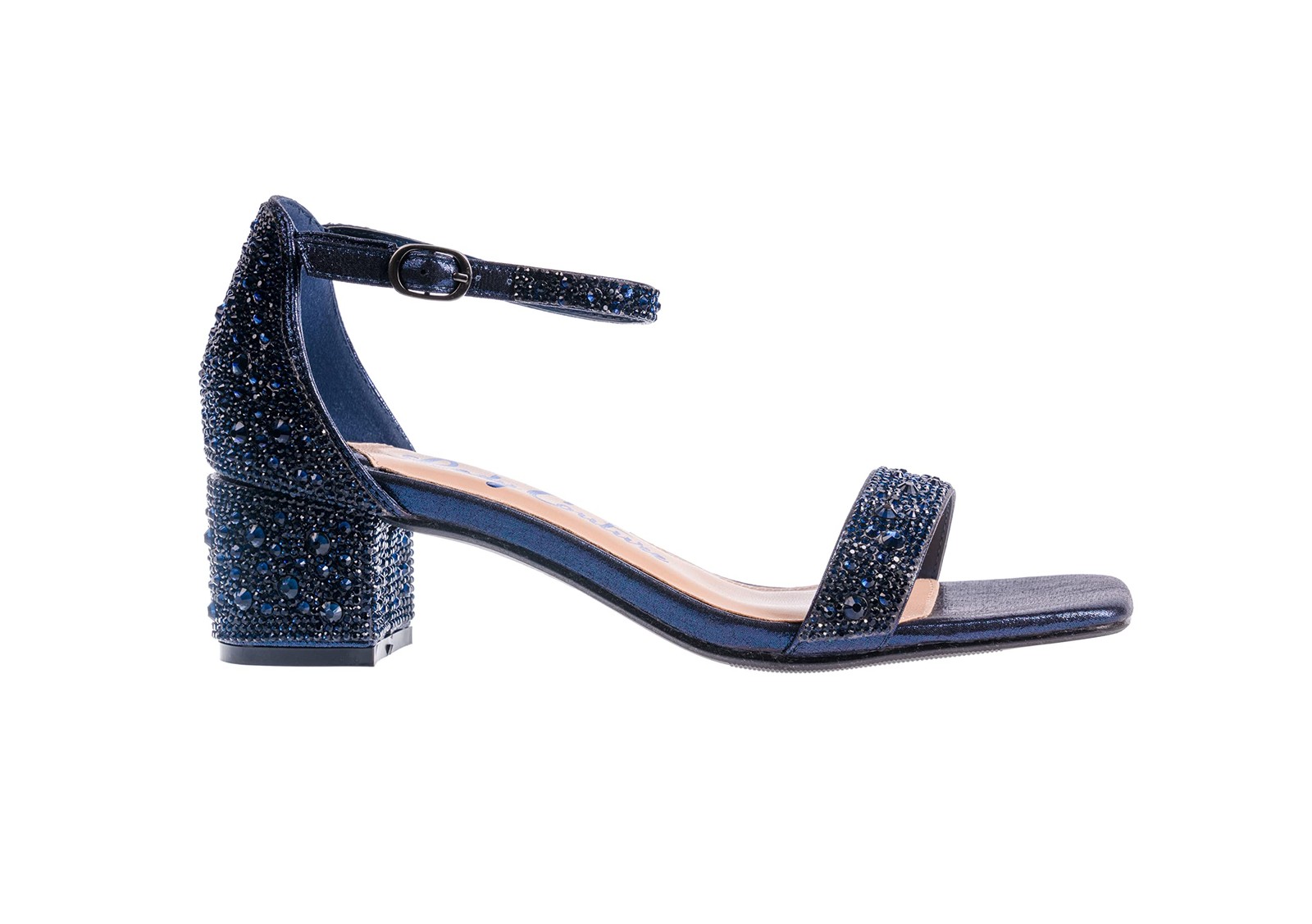 Ninety Union Lady Couture Dazzle 2 Inch Mid Block Heel Rhinestone Sandal, Navy