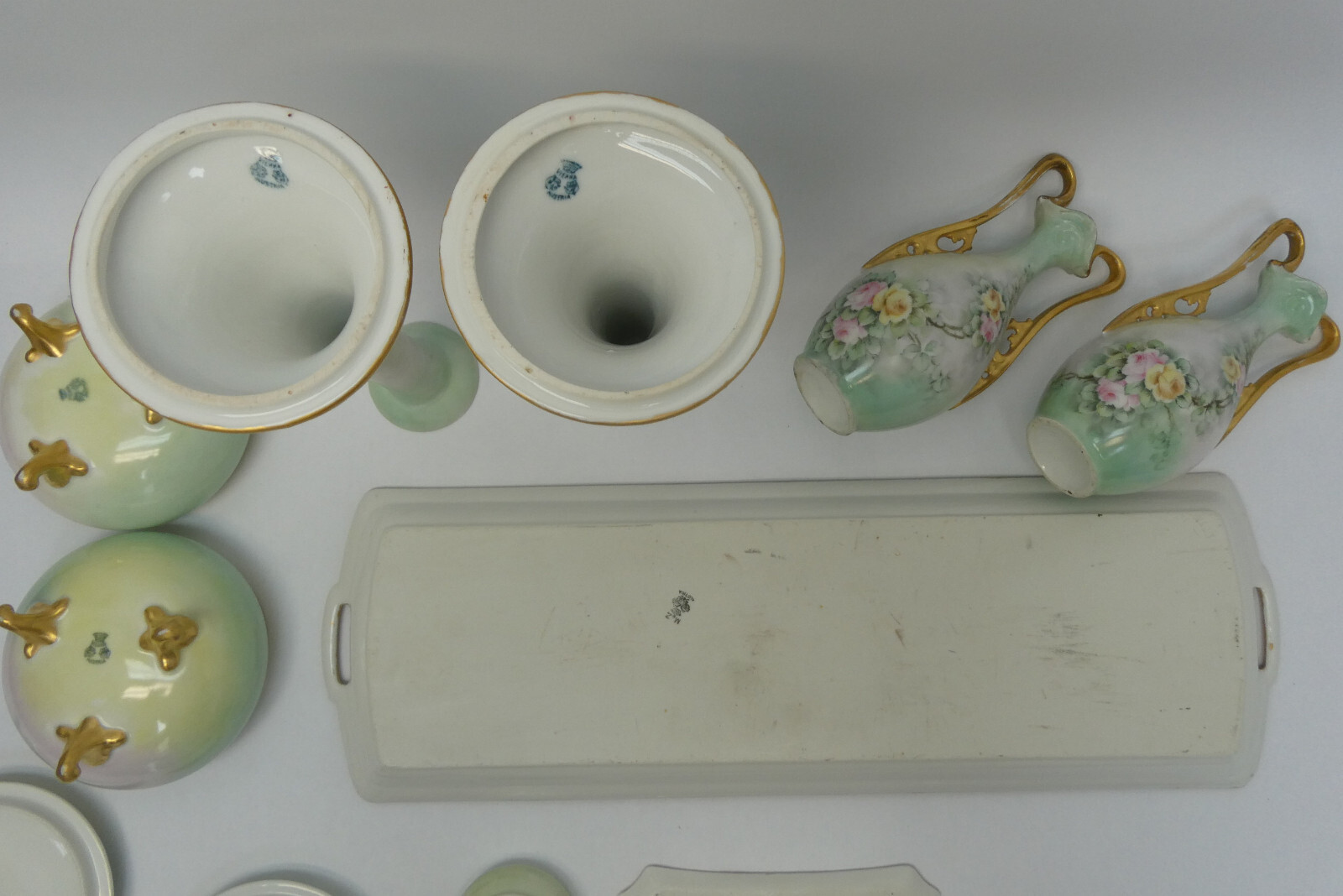 Ceramic Green Gold Apple Blossom Floral Pattern Tray Bud Vases Candle Holders