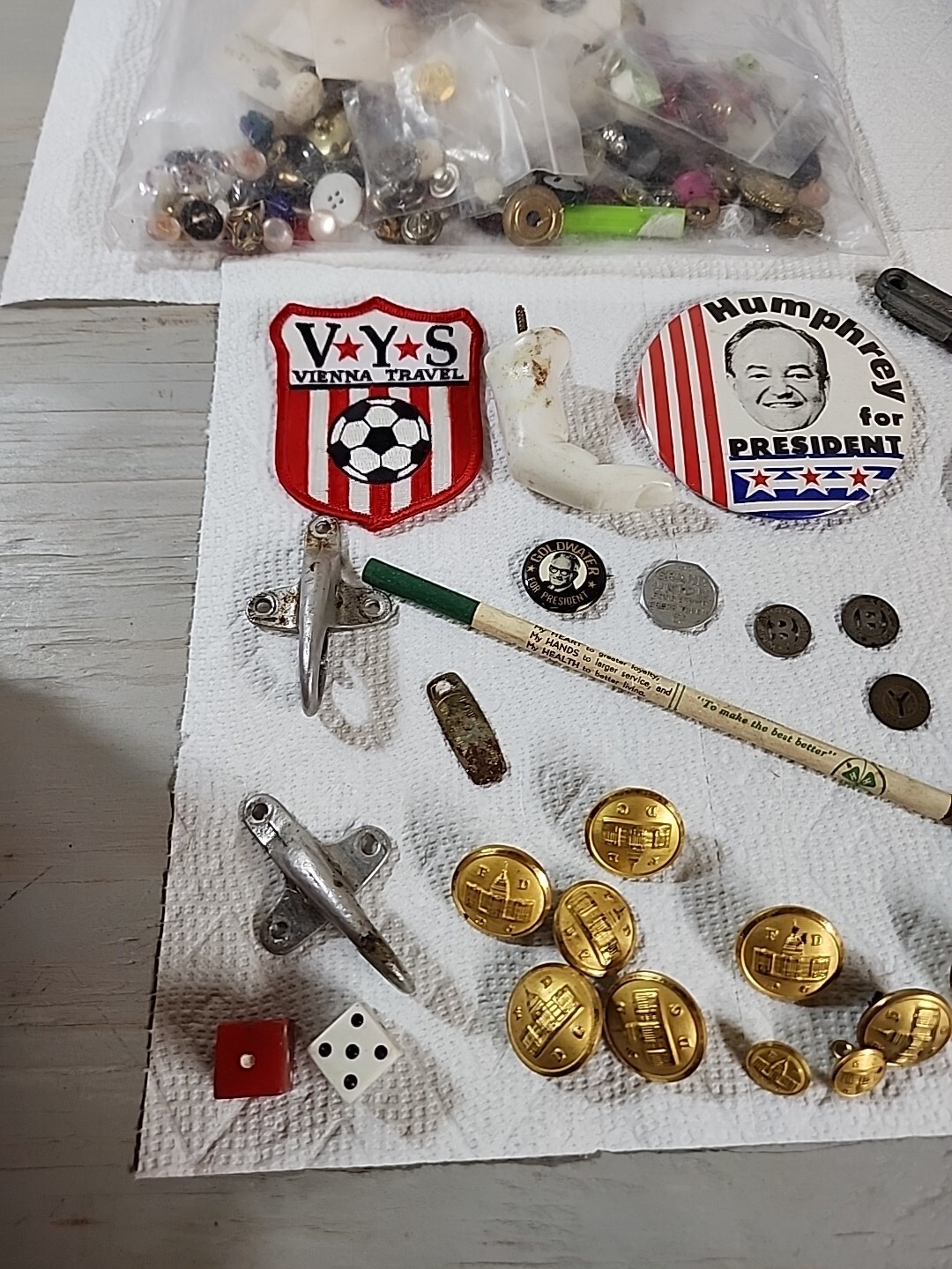 Junk Drawer Lot: Kodak Six 20 Camera Knives DC FD Buttons Fare Tokens Marble Pin