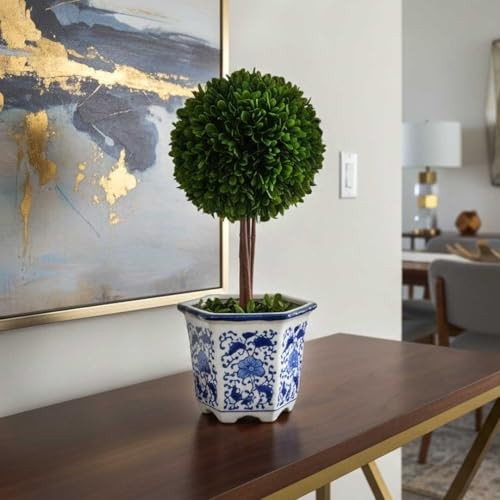 Galt International Boxwood Topiary Blue White Ceramic Pot 14in Table Decor