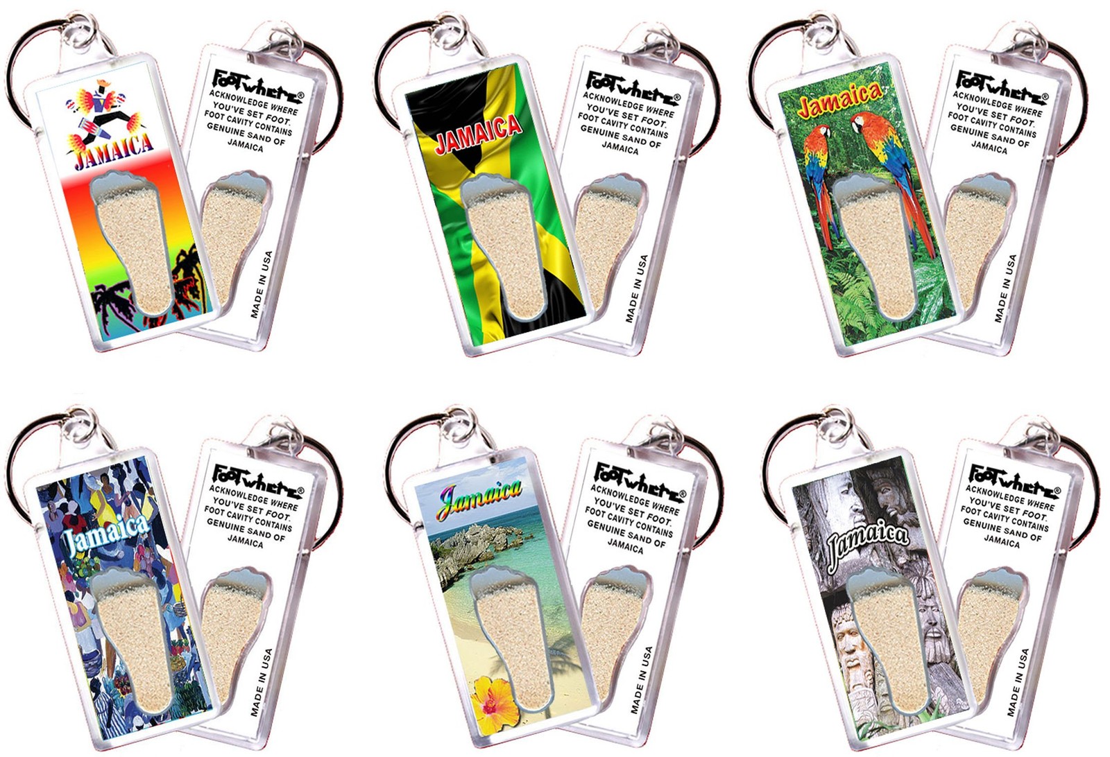 FootWhere Jamaica Keychains 6-Pc Set, Authentic Souvenir with Genuine Soil, USA