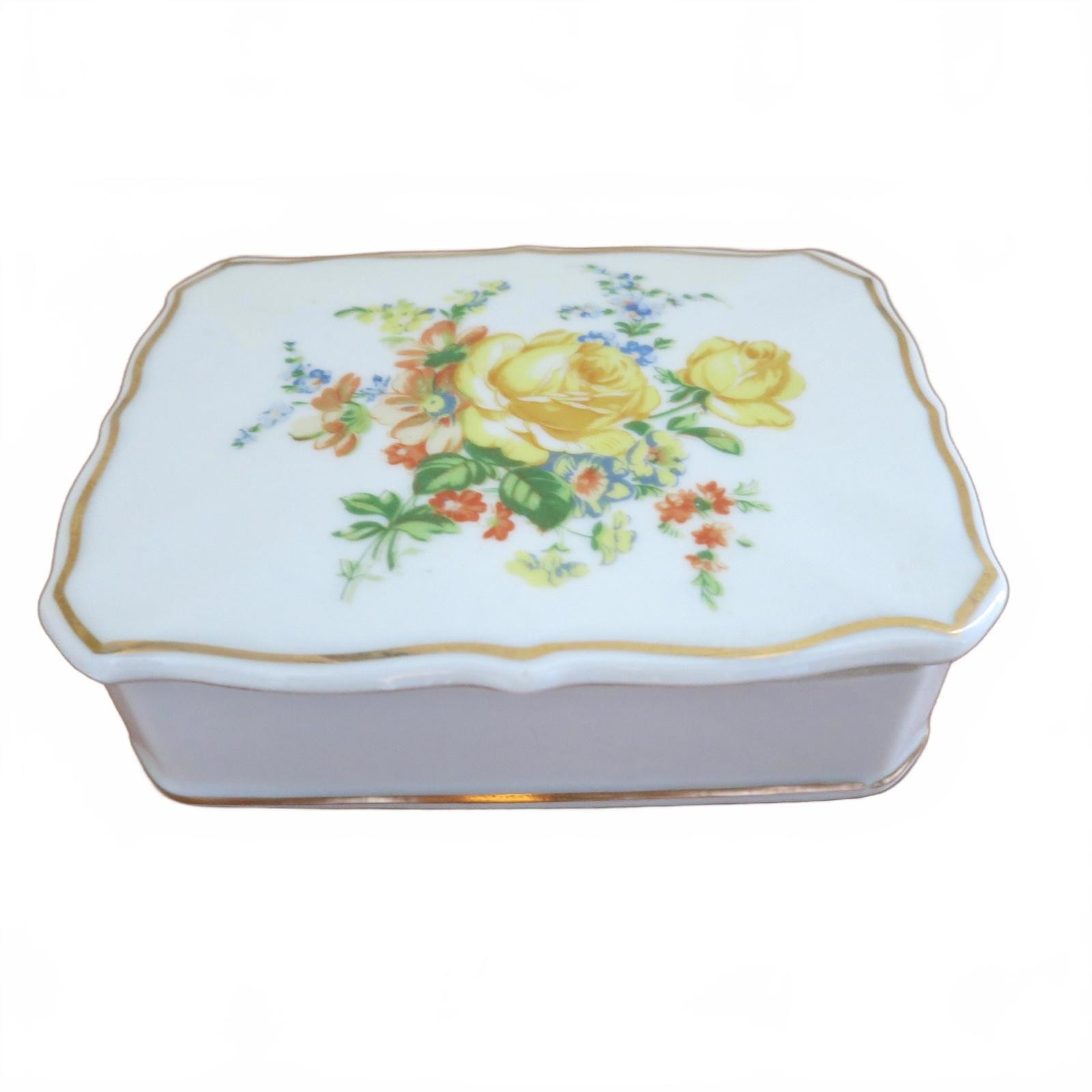 Vintage Yellow Roses Floral Trinket Box Bone China Royal Crown