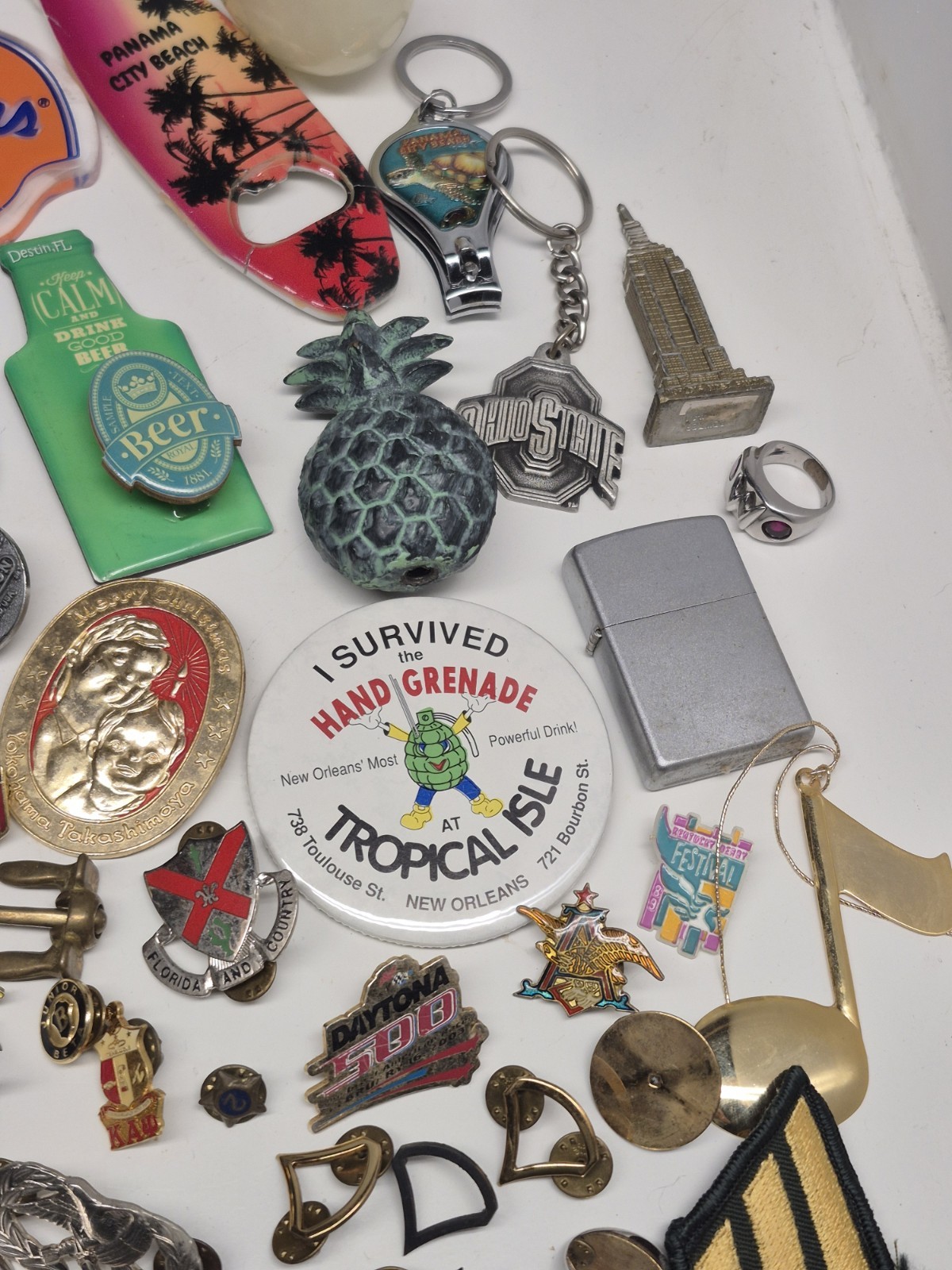Mans Junk Drawer Trinket Lot Pins Patches Keychains Military