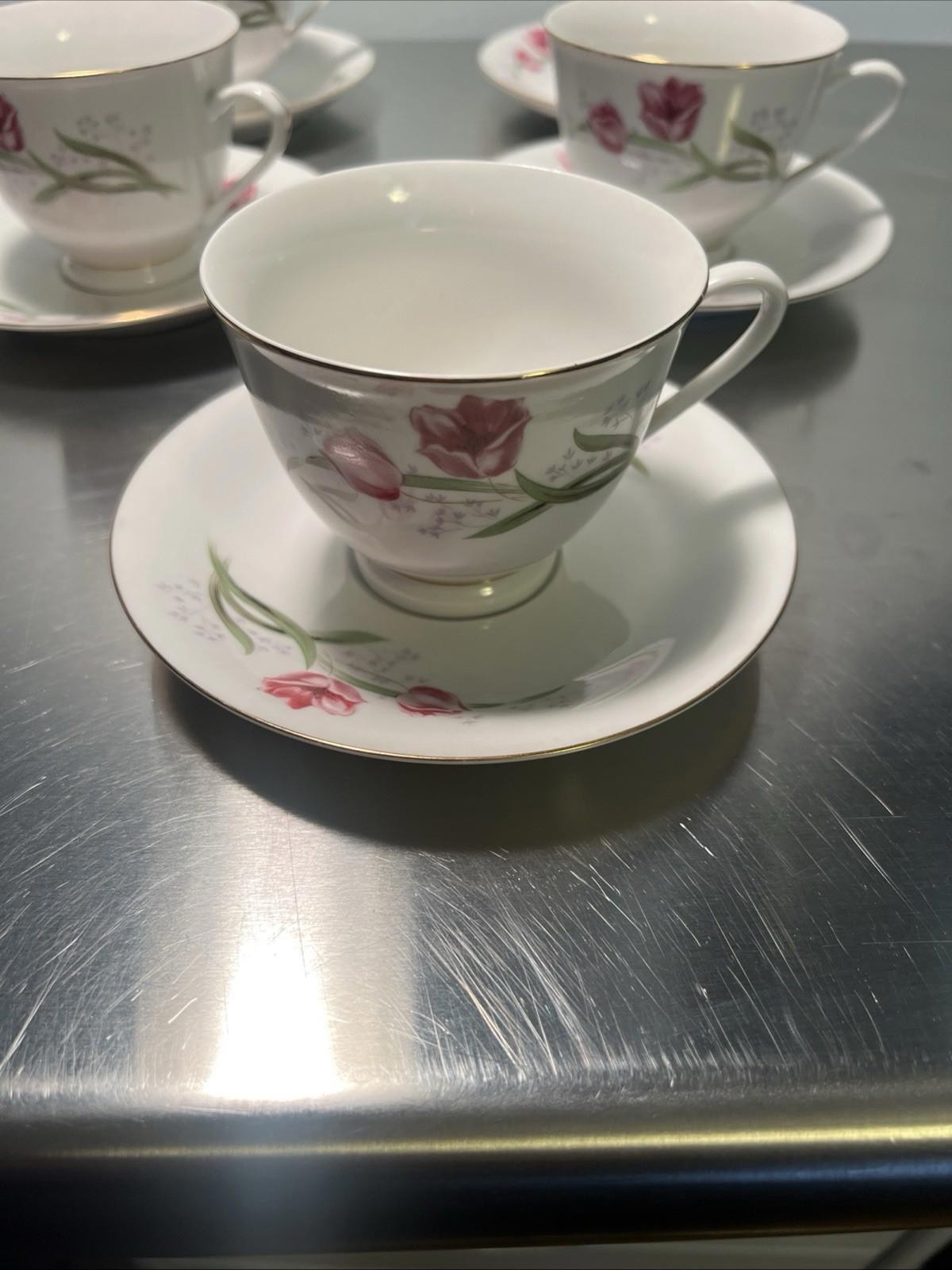 Vintage Bone China Teacups & Saucers Set/8 Pink Roses Tulips Gold Trim Chinese