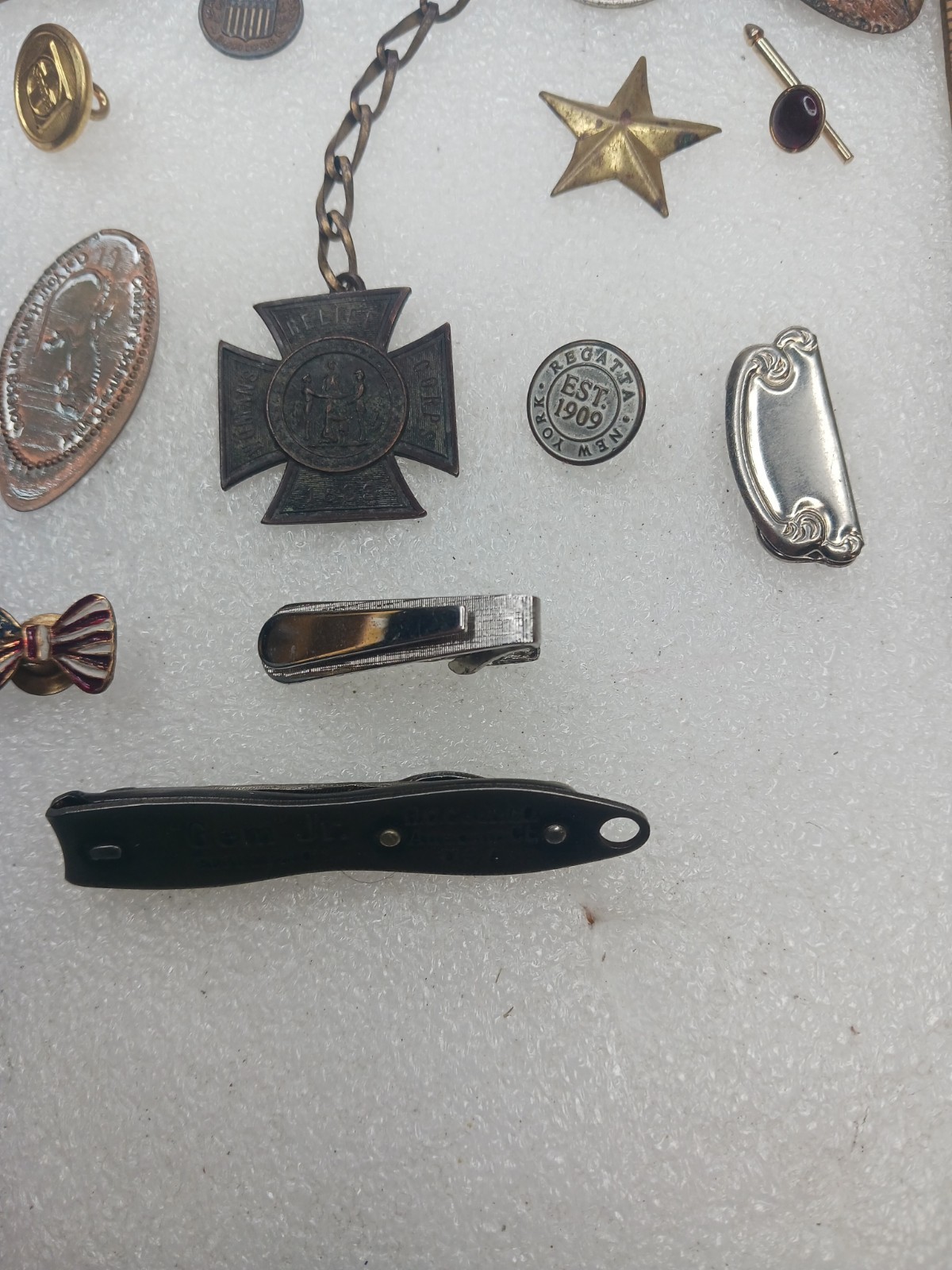 Vintage Junk Drawer Lot Military Medal Pins Tokens Tie Clips Coins Gem Jr…