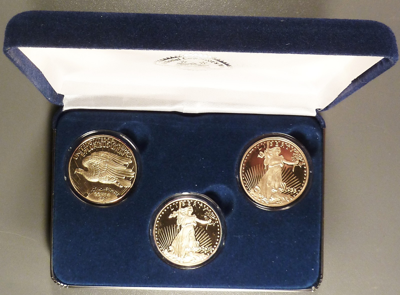 $20 Double Eagle Proof Set, 3 pc’s with 2 oz’s .999 Silver, 24K Gold Overlay.