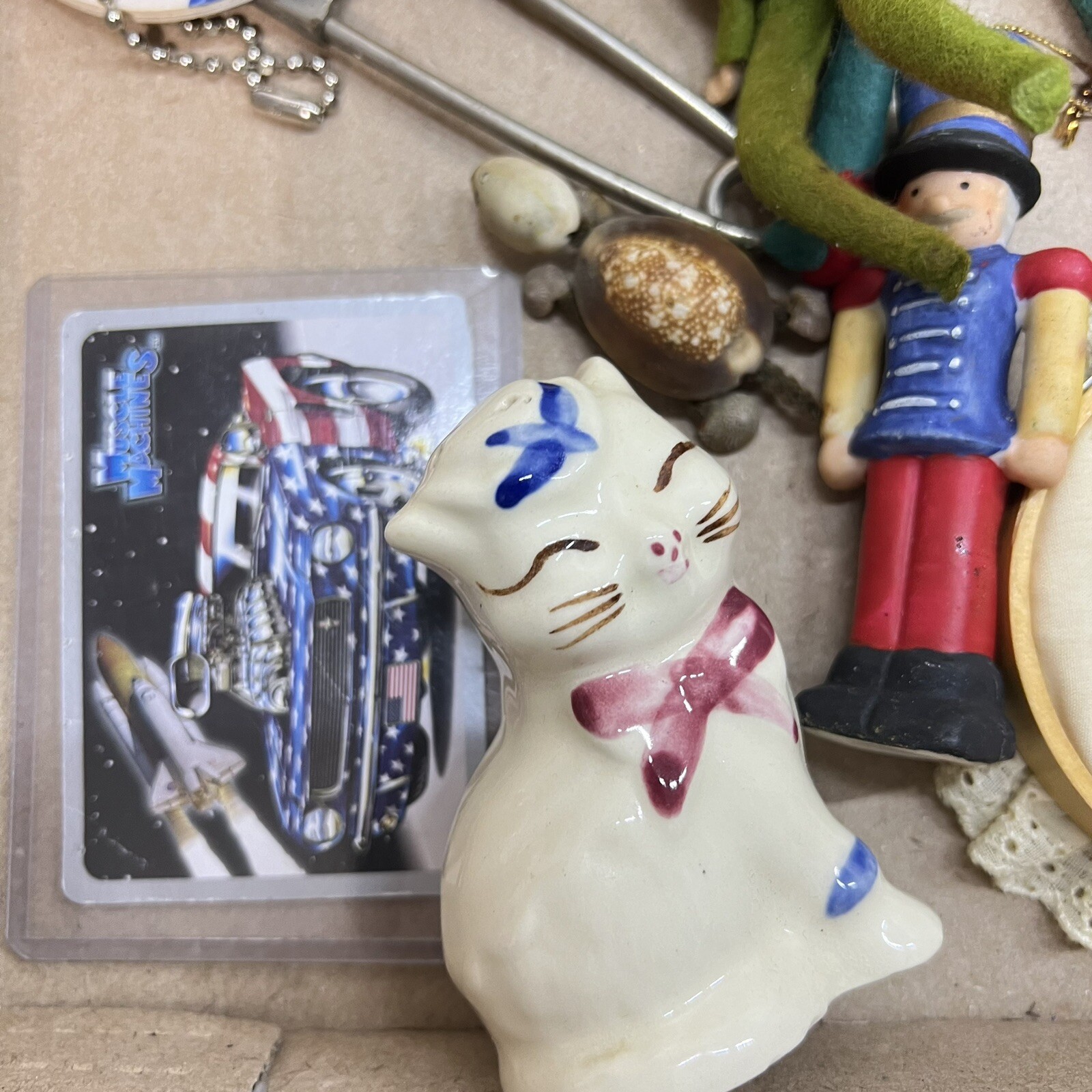 Junk Drawer Lot Christmas Ornaments Kitty Ducks Car Cat Figurine Luggage Tag