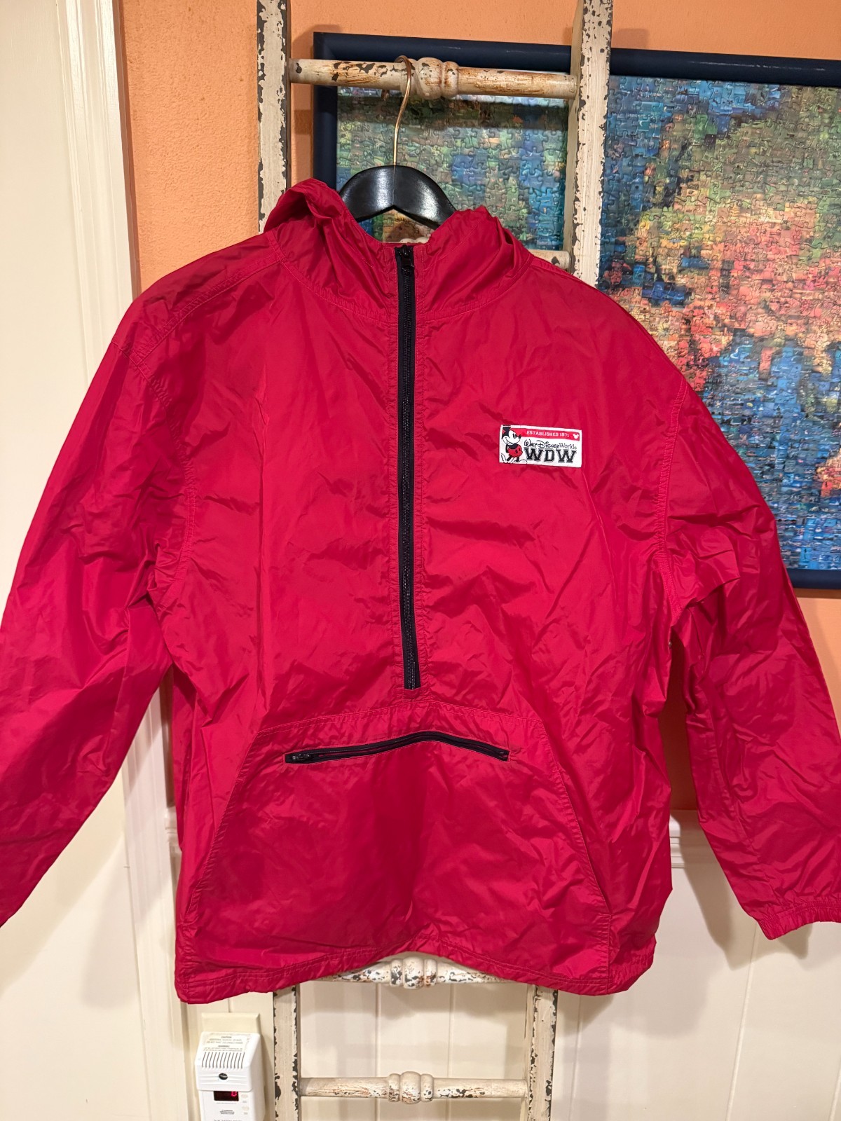 Vintage Walt Disney World Half Zip Red Packable Rain Jacket Adult XL pockets