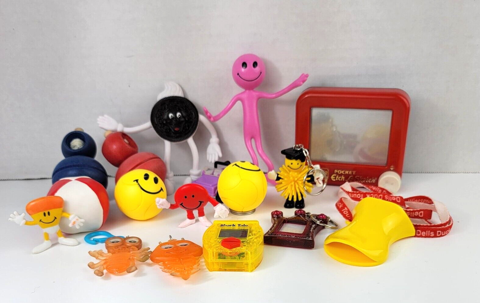 Y2K Toy Junk Drawer Lot Pocket Etch A Sketch Tops Oreo Bendy Man Key Chain AS IS