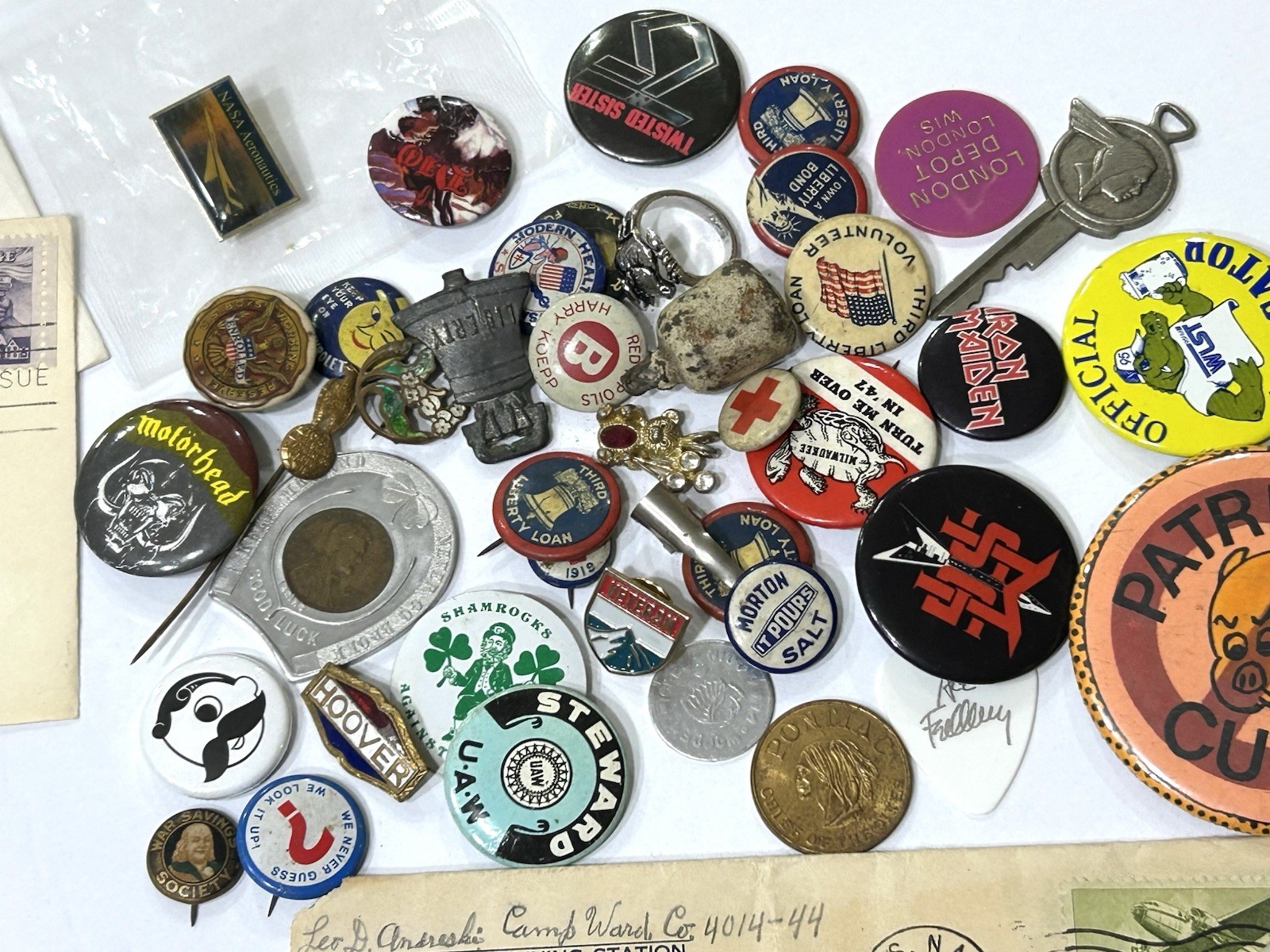 Eclectic Junk Drawer Lot Vintage Ephemera + Chachskis: Photos Cards Pins Patches