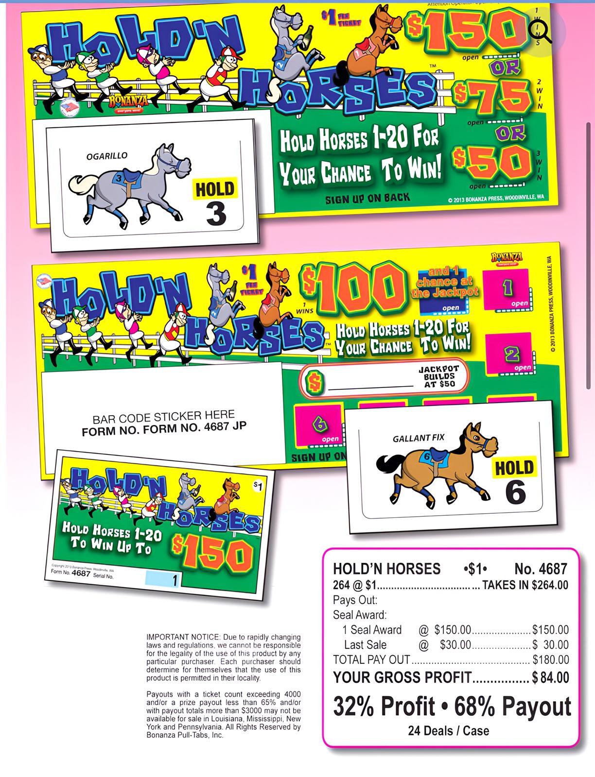 Pull Tab Ticket – Hard Card – Game – Hold’n Horses – 264 ct