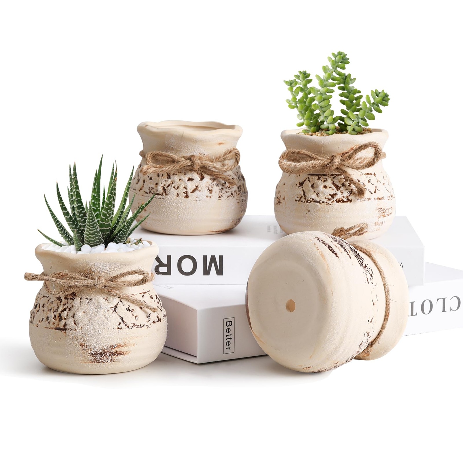 T4U Succulent Pots Set of 4, 3.5″Ceramic Planters with Drainage for Indoor Plant