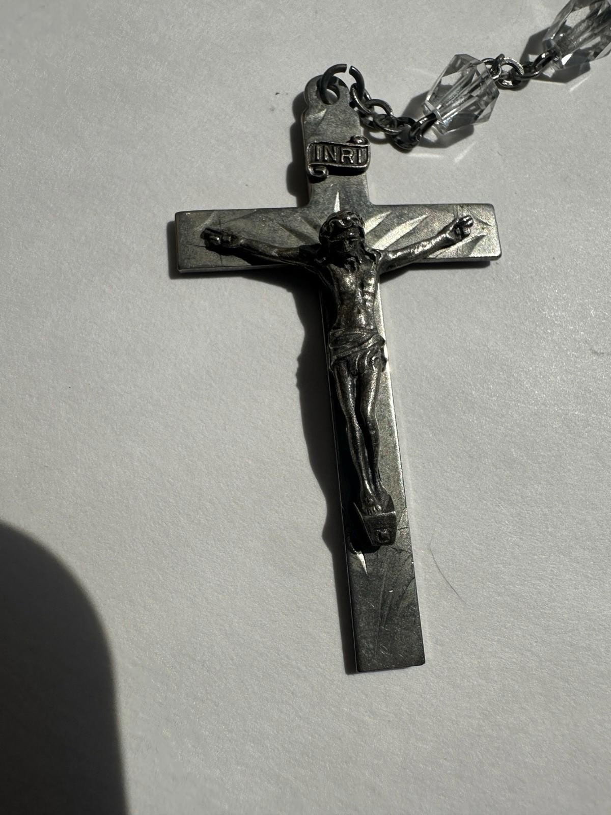 Vintage Sterling Silver Crucifix Clear Faceted Tear Drop Crystal Bead Rosary 19”